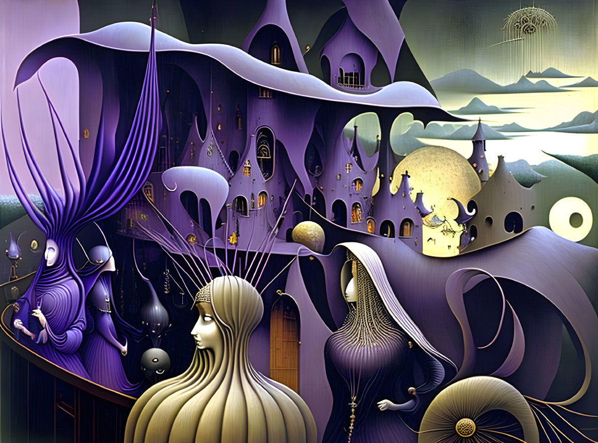 Surrealist artwork: fantastical landscape, flowing purple structures, elongated female figure, celestial orbs