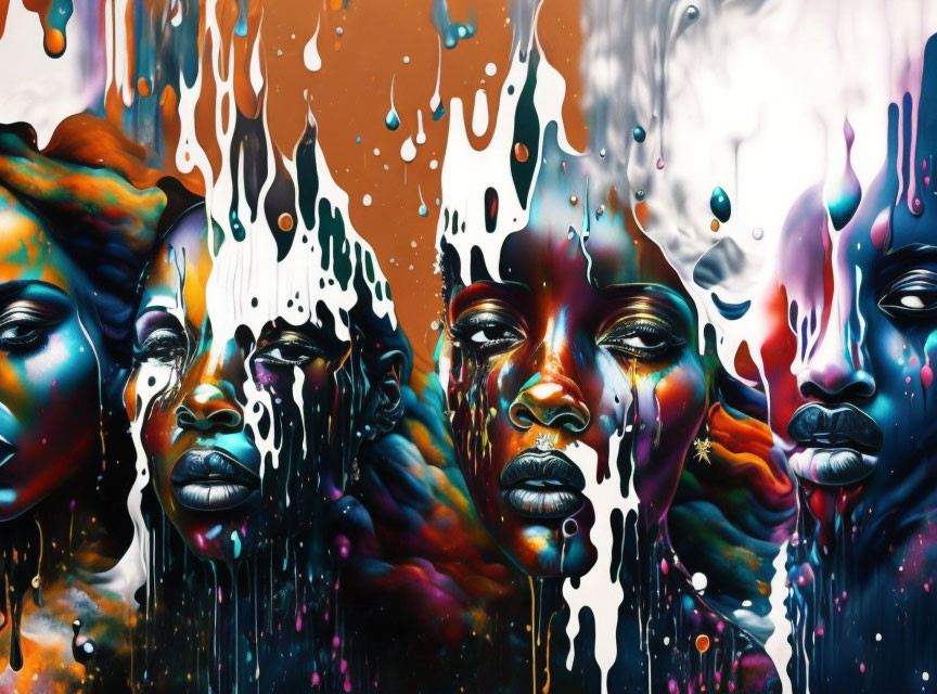 Vibrant abstract art: melting faces in colorful hues