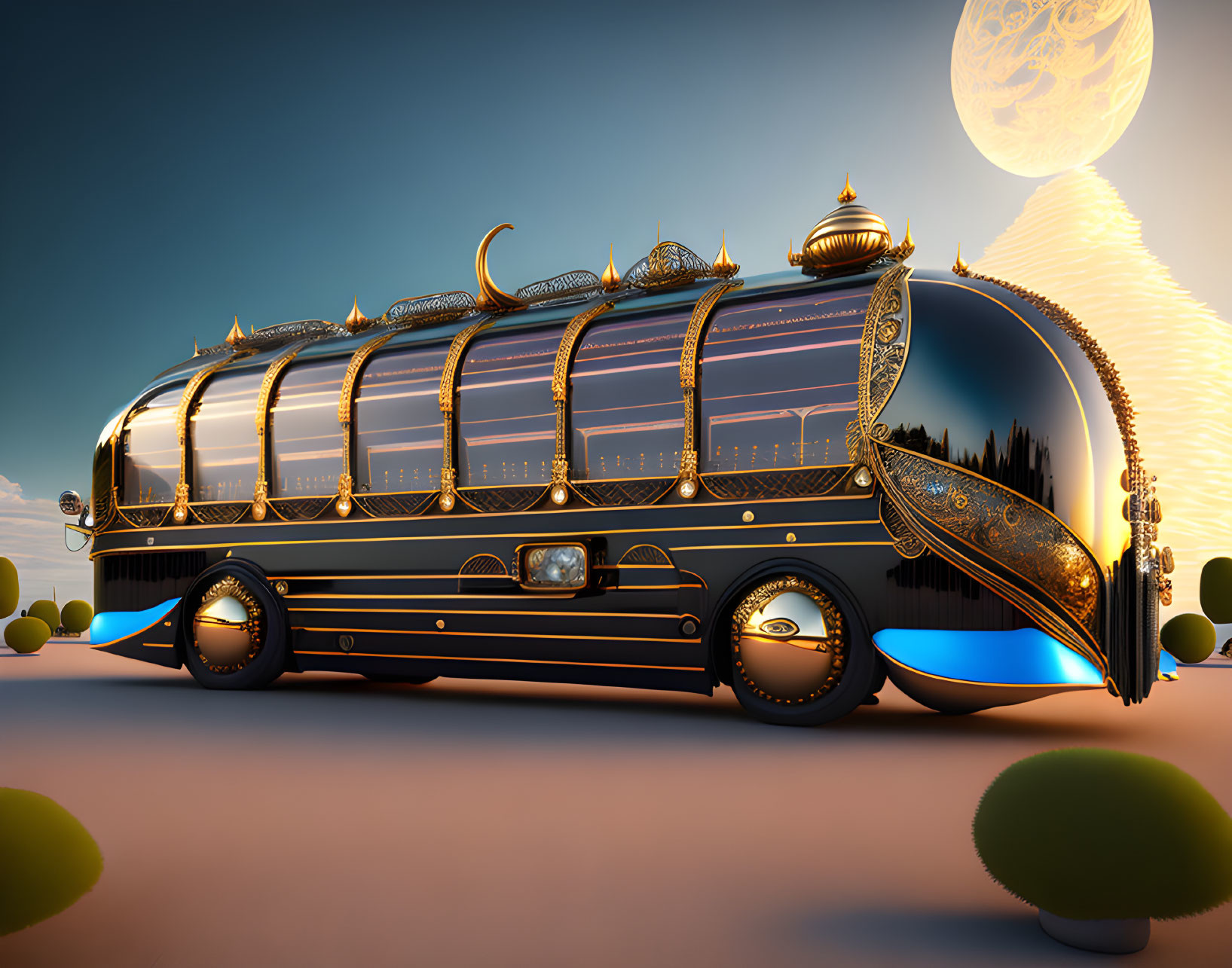 Fantasy-style bus with golden domes against surreal moon backdrop