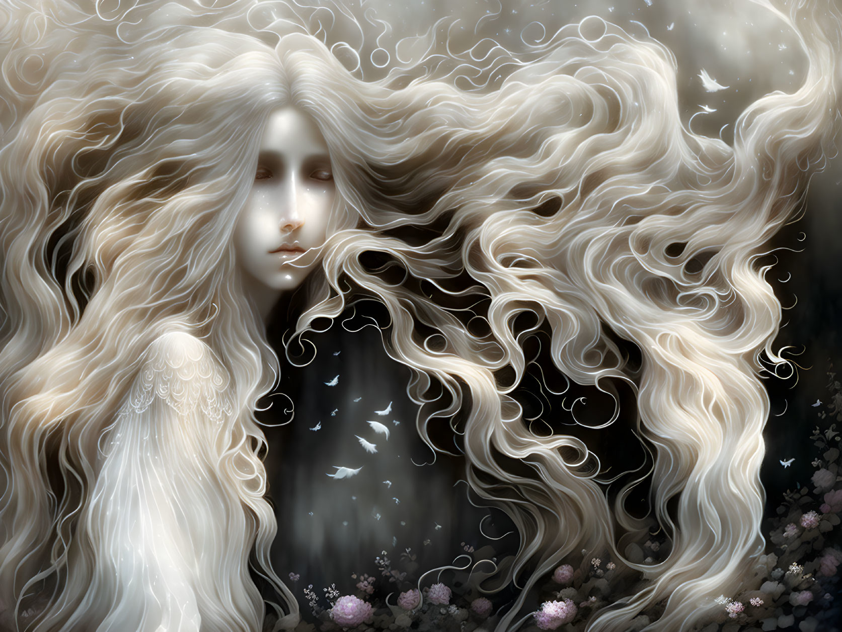 Fantastical image of pale woman with wavy hair in dark backdrop with floating petals and birds