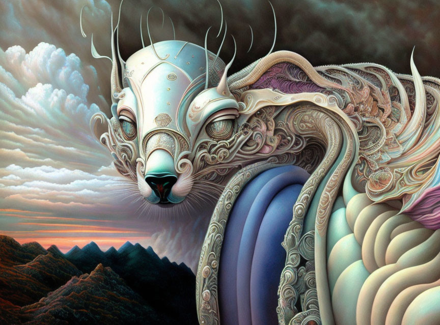 Metallic cat with ornate details and tentacle-like appendages in mountain sunset scene