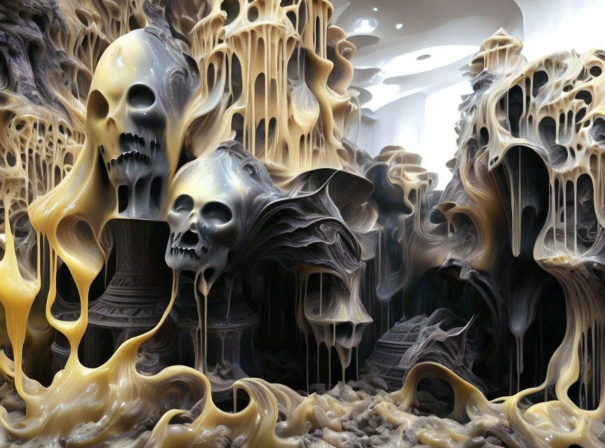 Surreal room with skull-like formations and melting structures in beige, white, and yellow tones