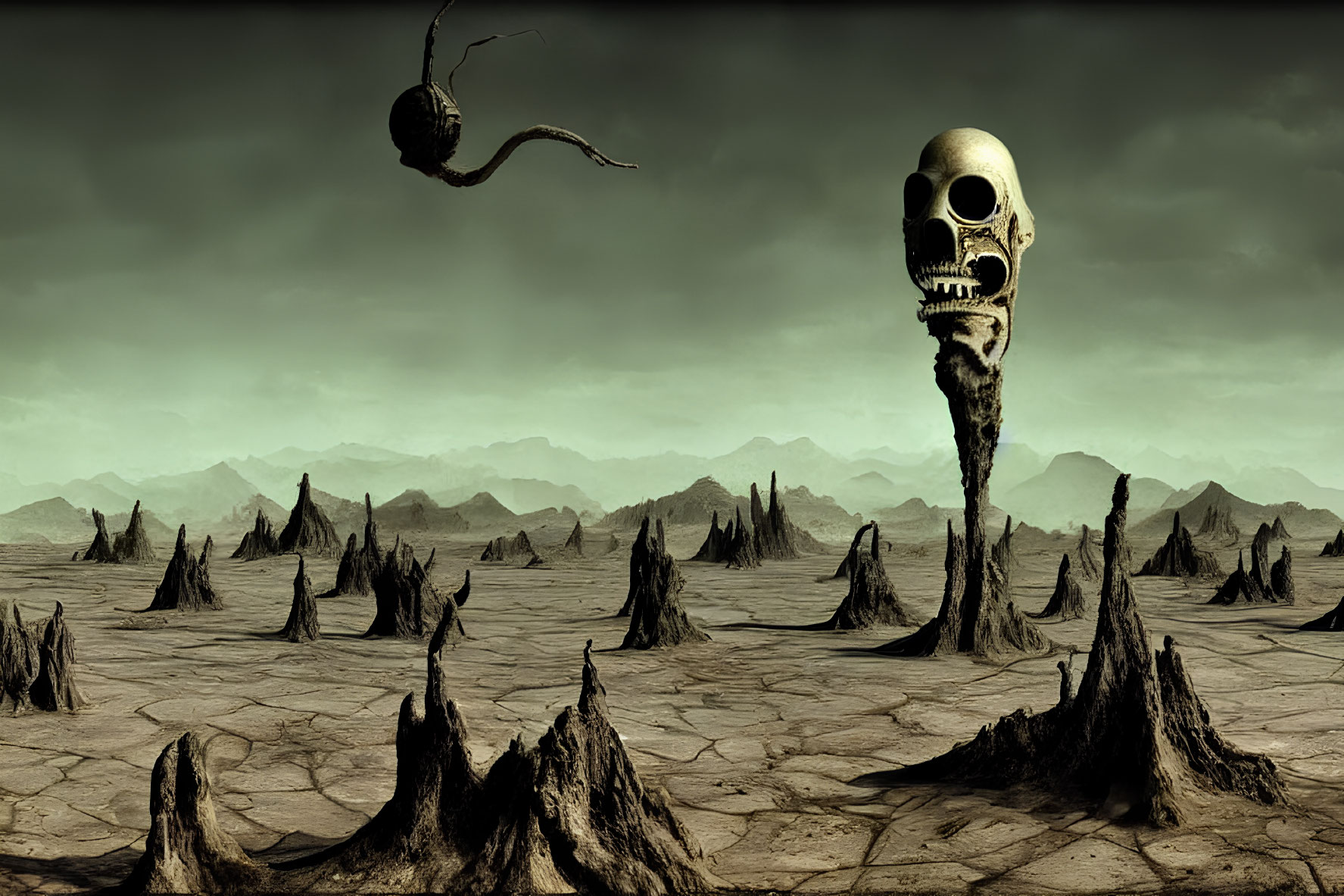 Desolate landscape with jagged peaks, skull on spire, and airborne entity.