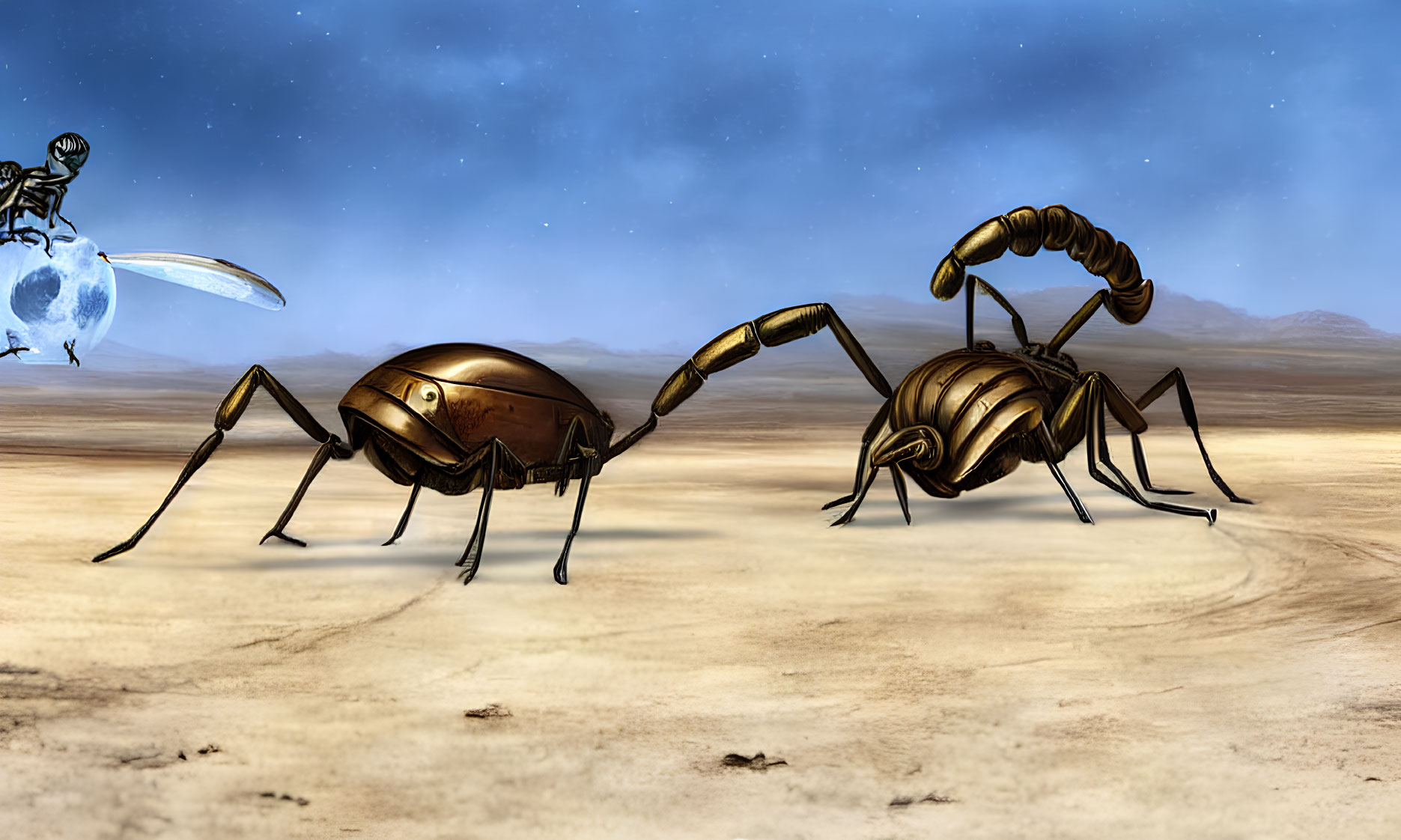 Metallic scorpions and robotic figure in desert under starry sky