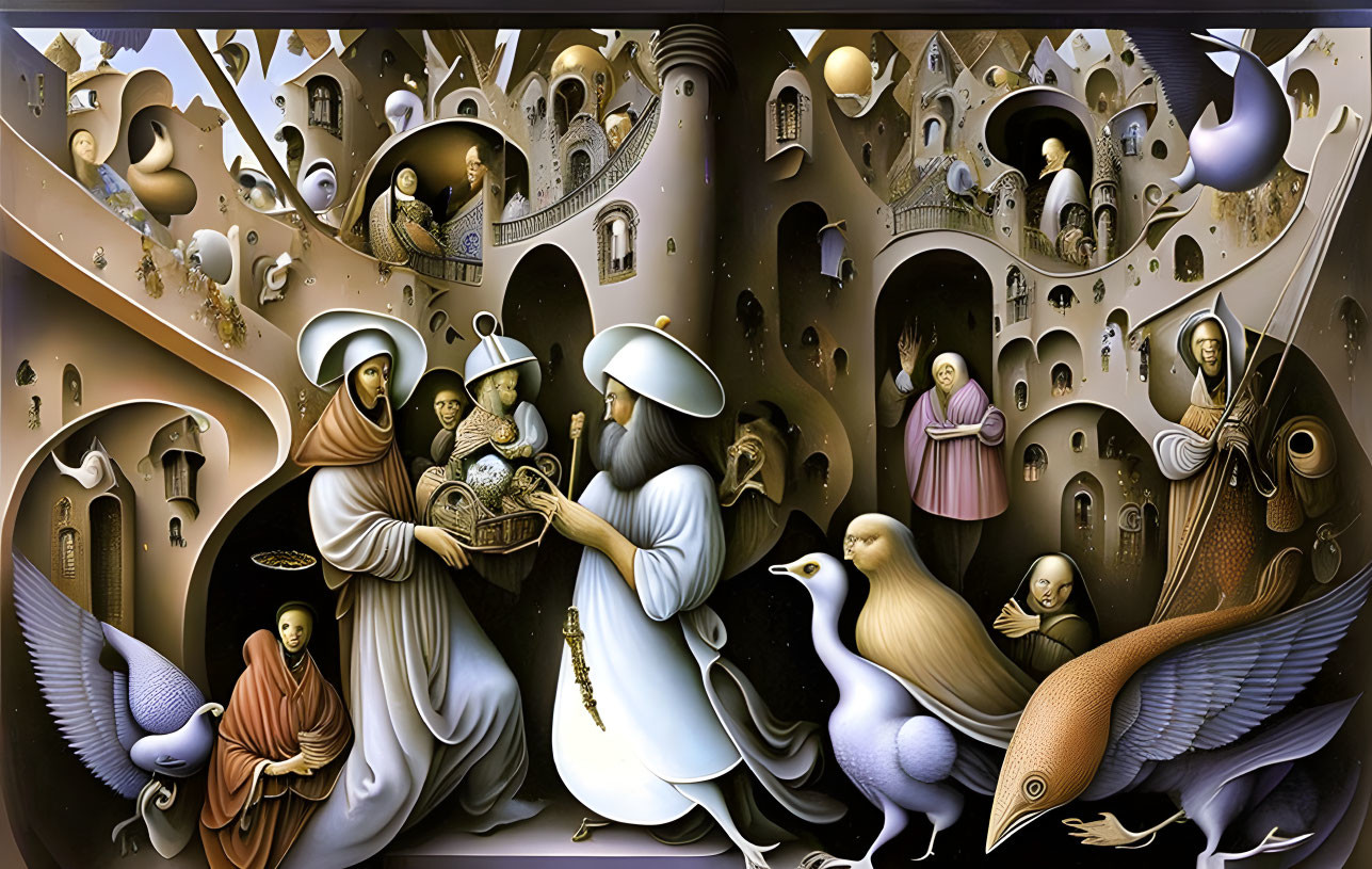 Surrealist artwork with religious figures, fantastical architecture, enigmatic characters, and oversized doves