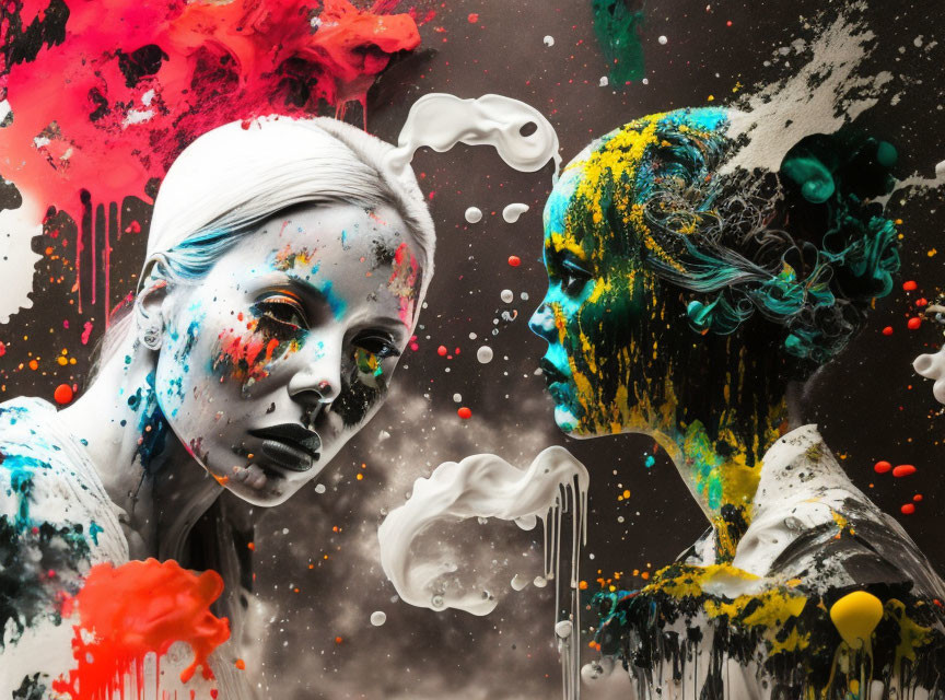 Colorful Painted Faces Close-Up Against Black Background