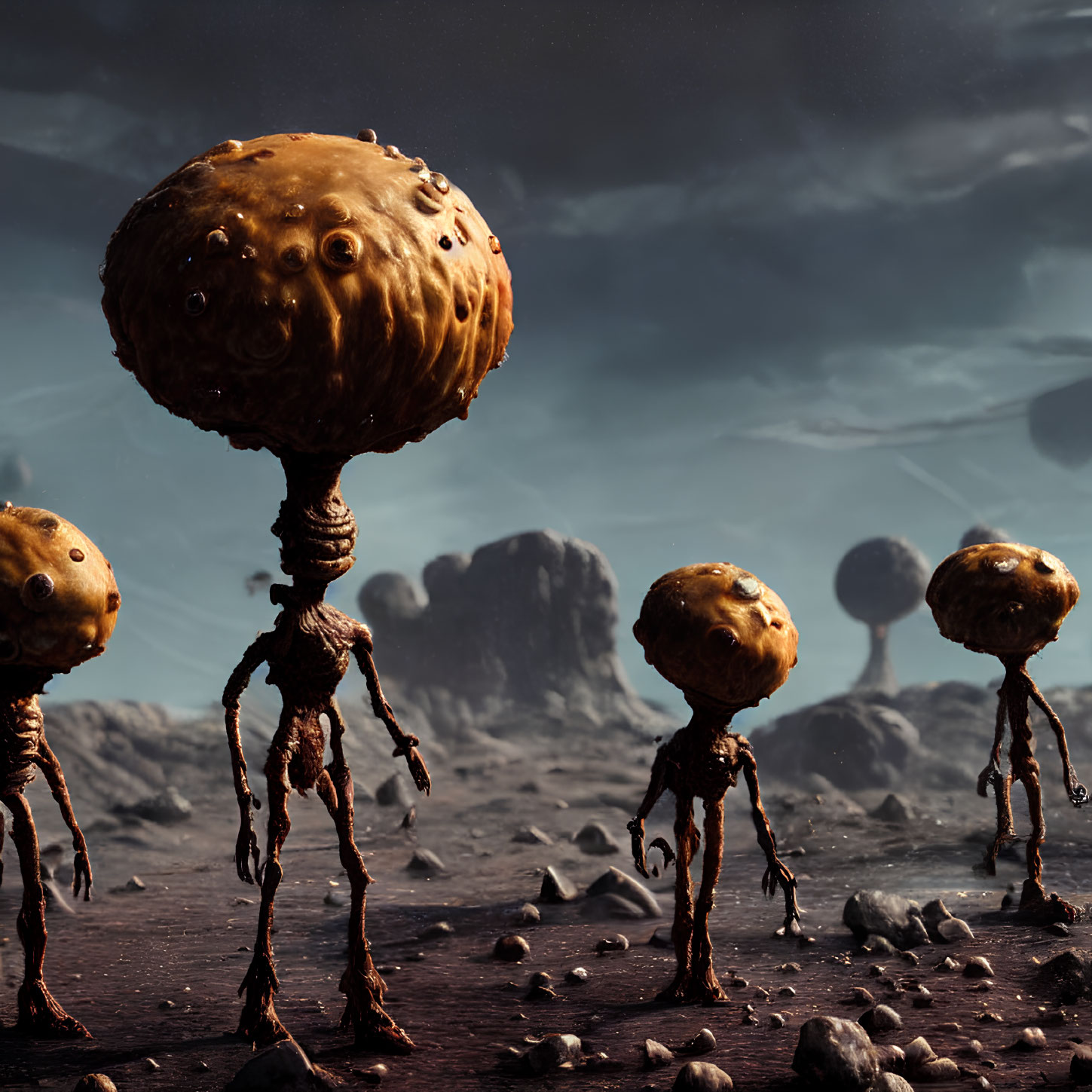 Surreal landscape featuring alien-like creatures on rocky terrain under dark sky.