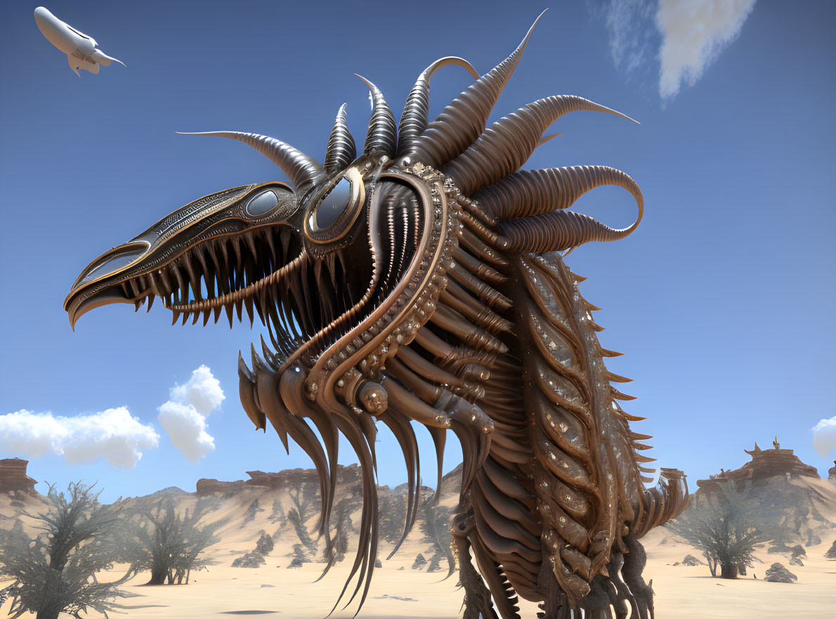 Fantastical armored creature in desert with airships