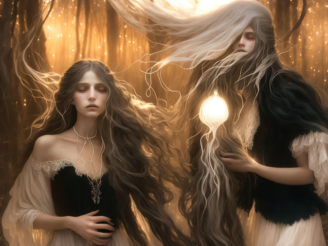 Ethereal women with flowing hair in mystical forest with glowing orb