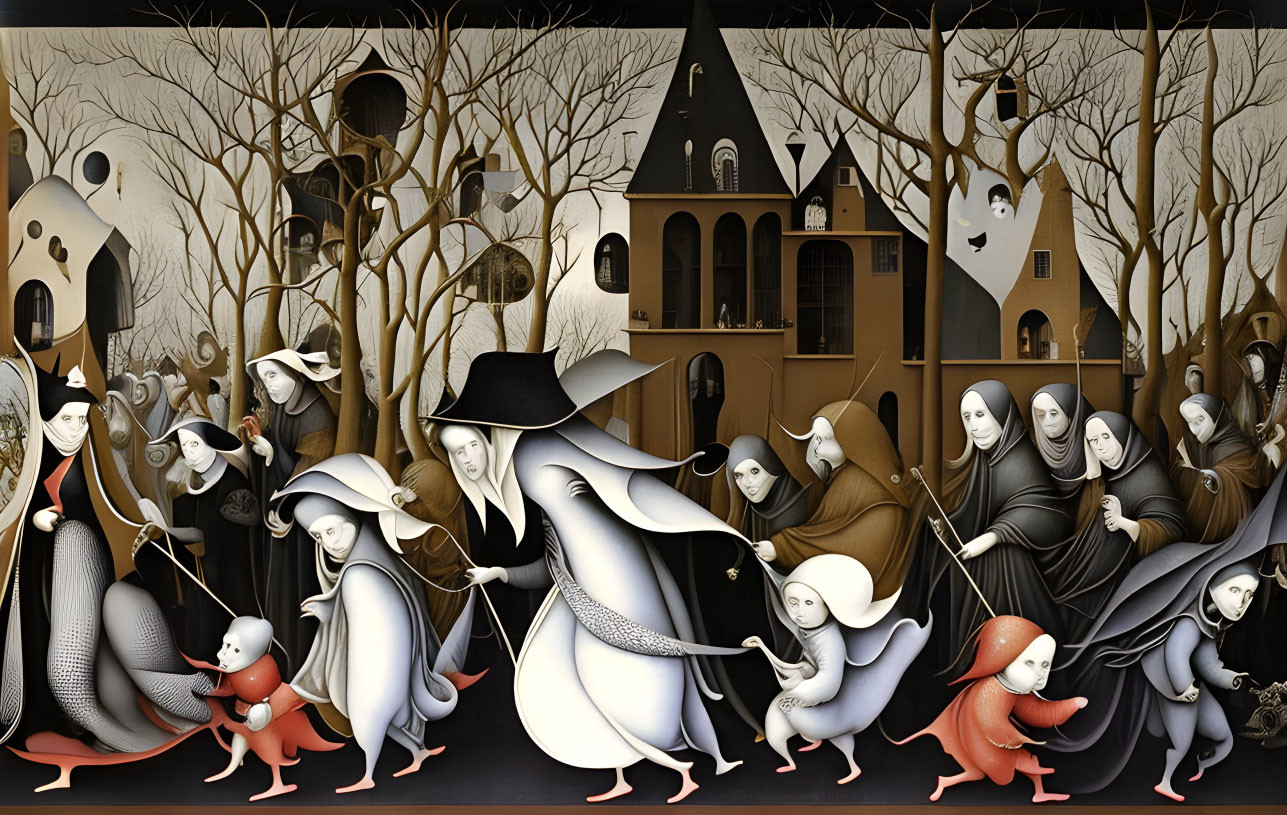 Surreal anthropomorphic creatures in monastic robes parade through autumnal village