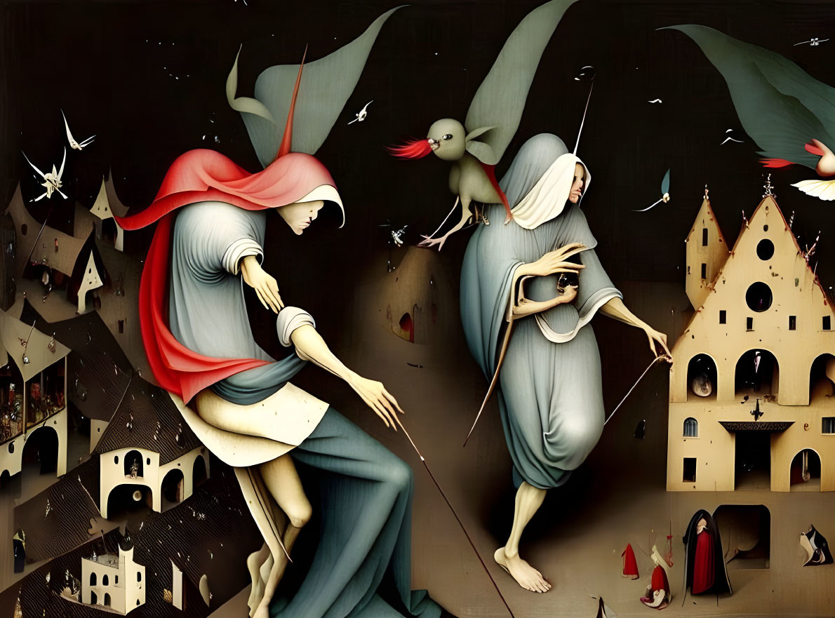 Surreal painting of two figures in medieval attire in fantastical landscape