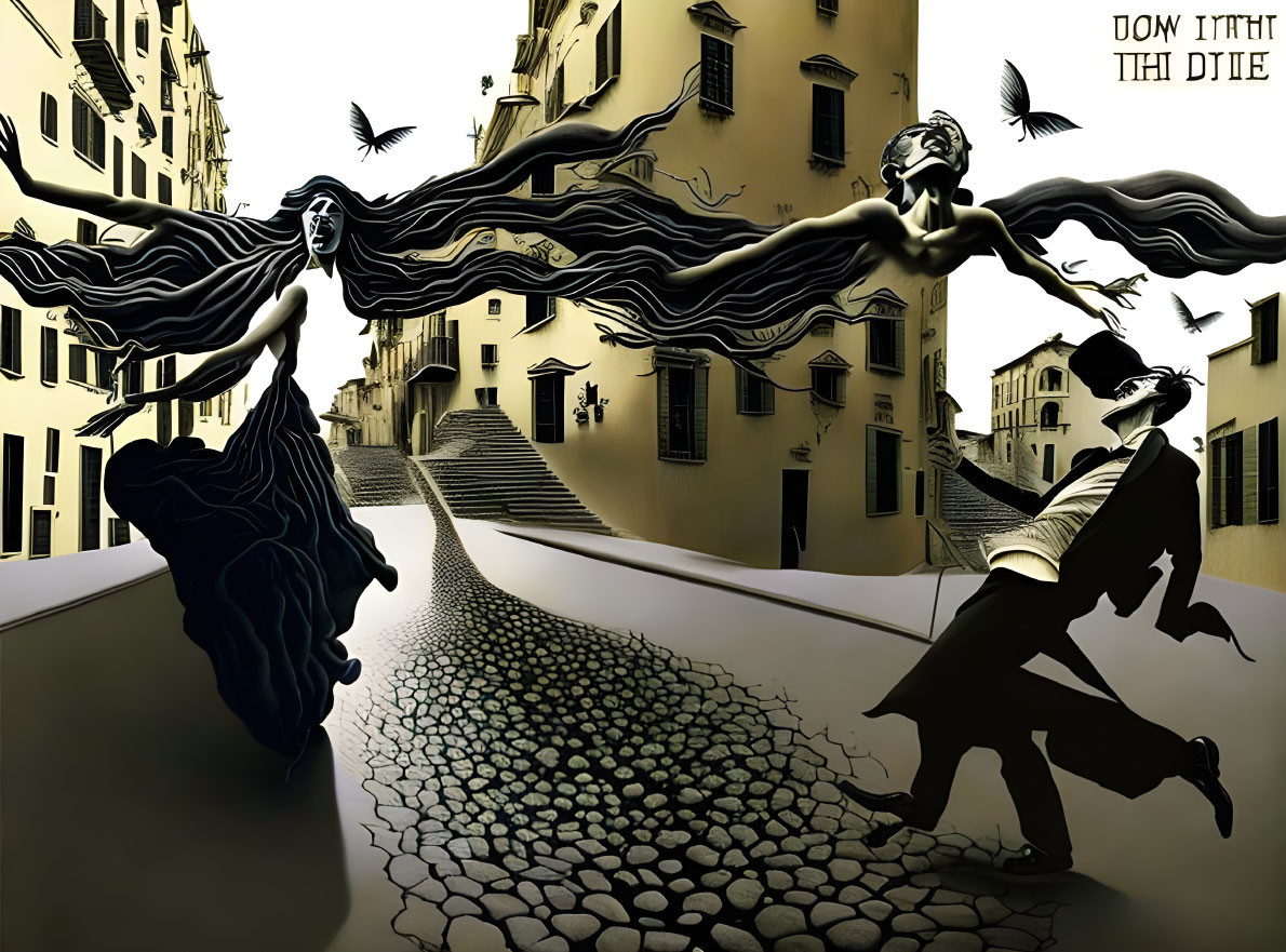 Surreal artwork: Elongated shadowy figures on distorted street with flowing hair and birds.