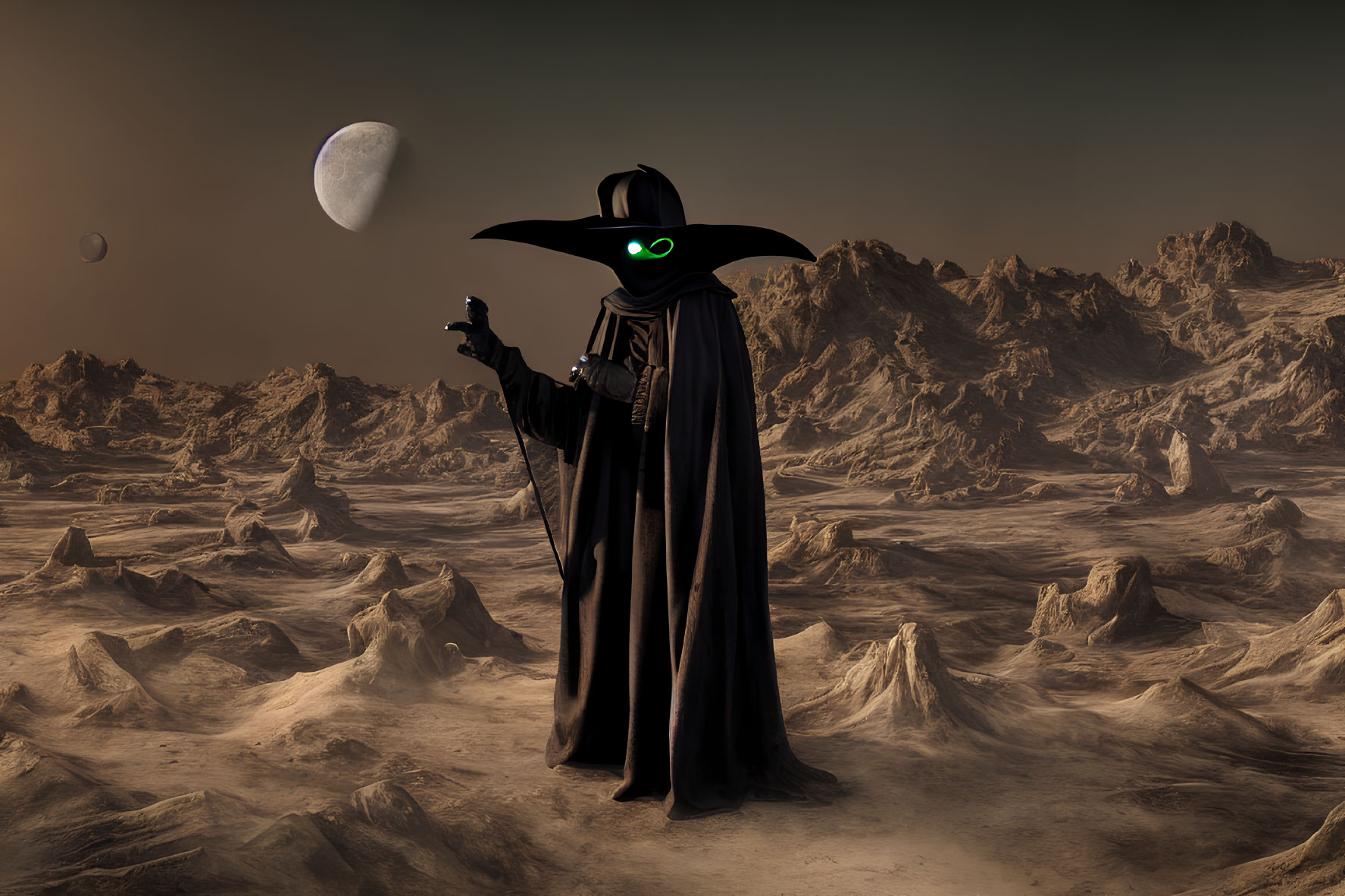 Grim reaper figure on alien landscape with two moons