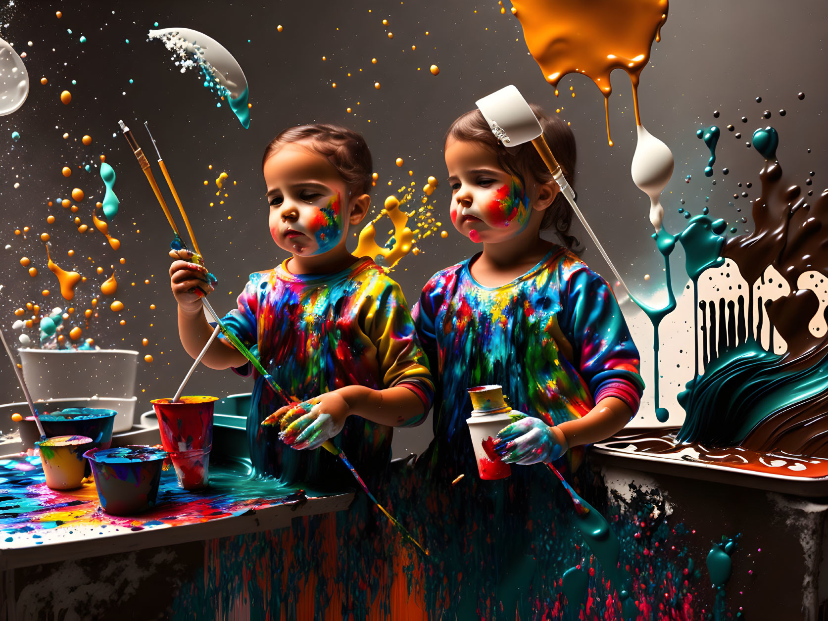 Vibrant paint splashes in creative play with children amid colorful mess.