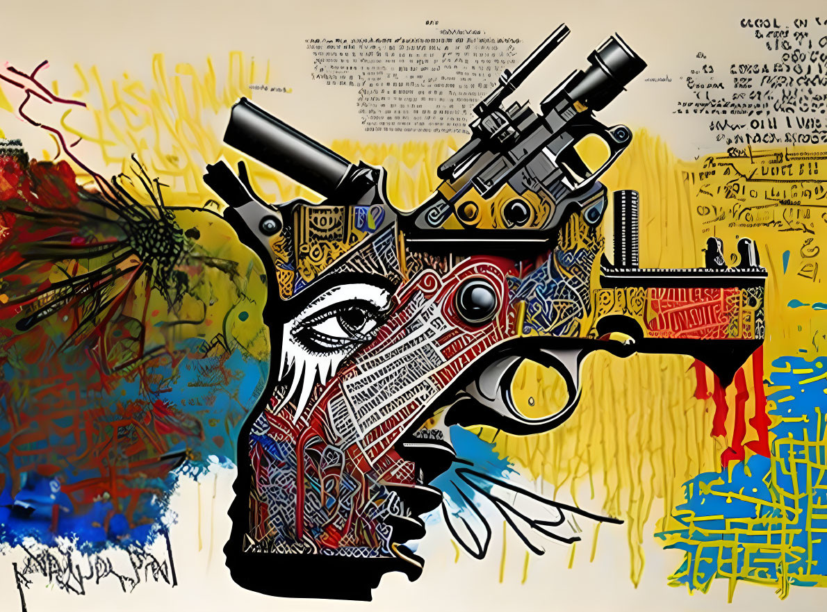 Colorful graffiti handgun with scope and eye design on grip on paint splattered background