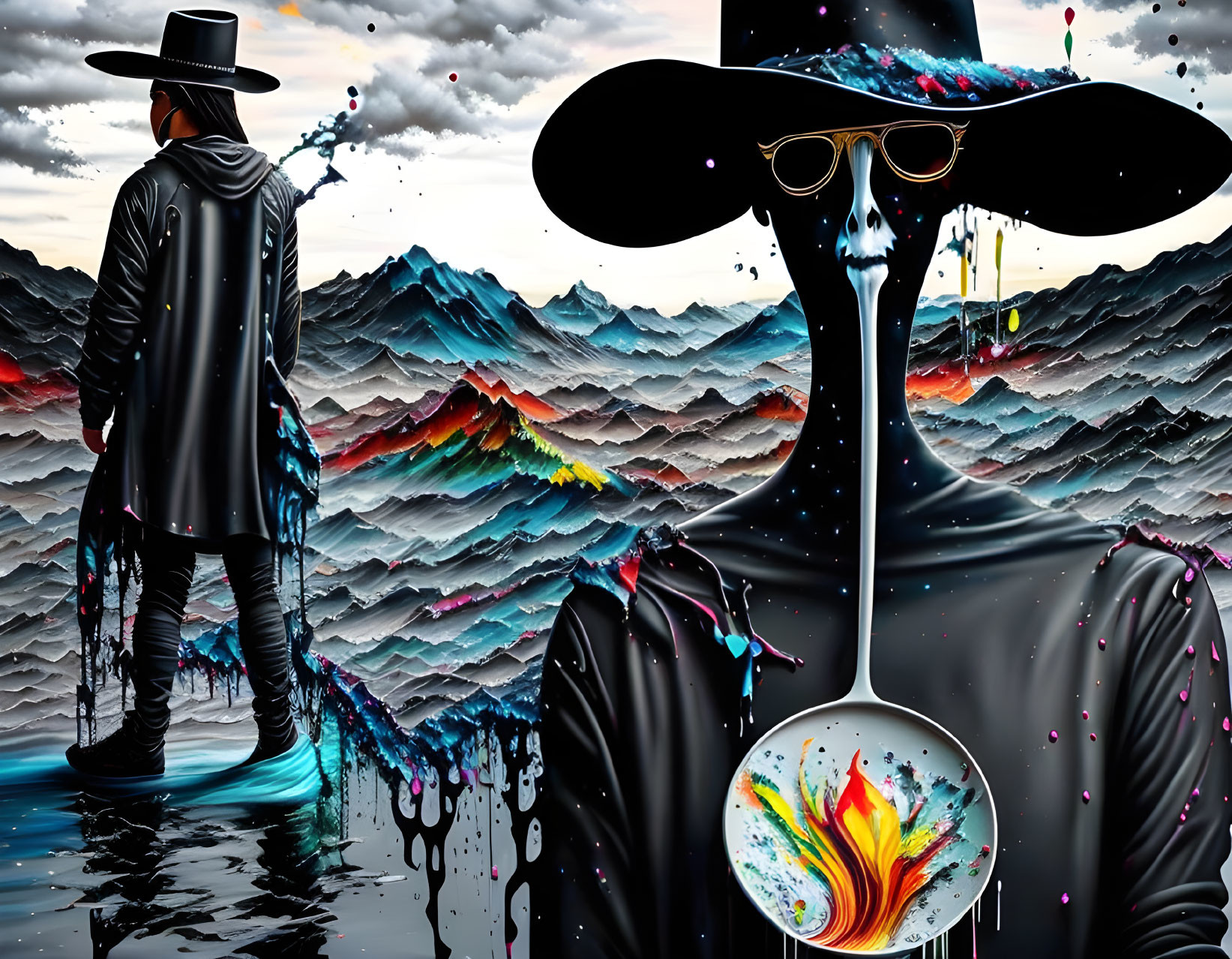 Colorful surreal digital artwork: figure in hat and trench coat among stylized mountains, melting face,