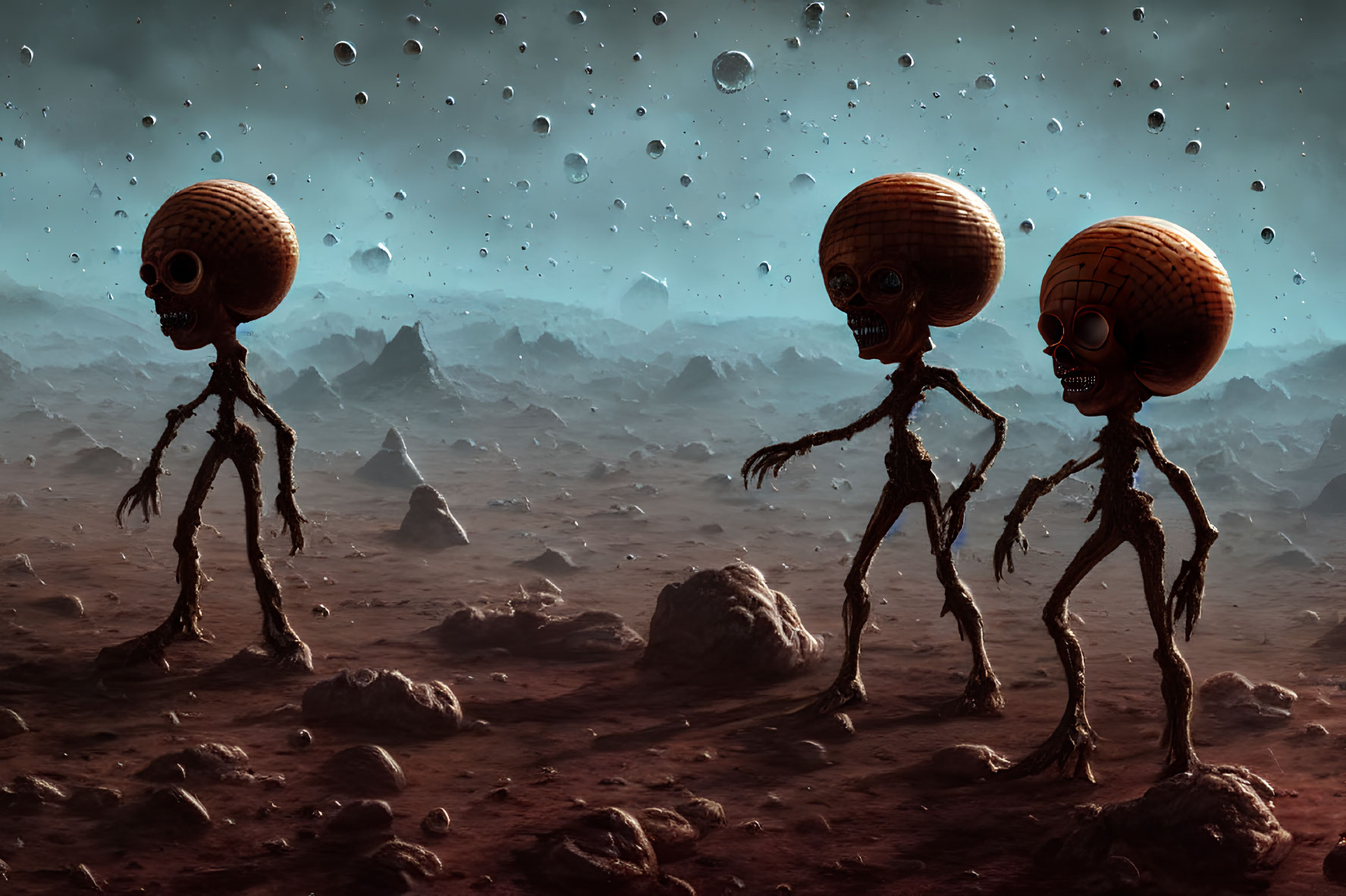 Alien creatures with oversized heads in barren landscape with floating rocks