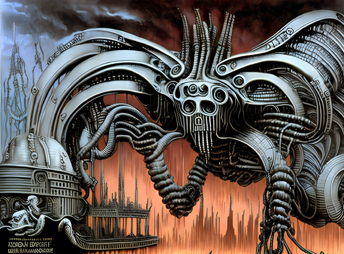 Biomechanical creature with tentacles in dystopian cityscape