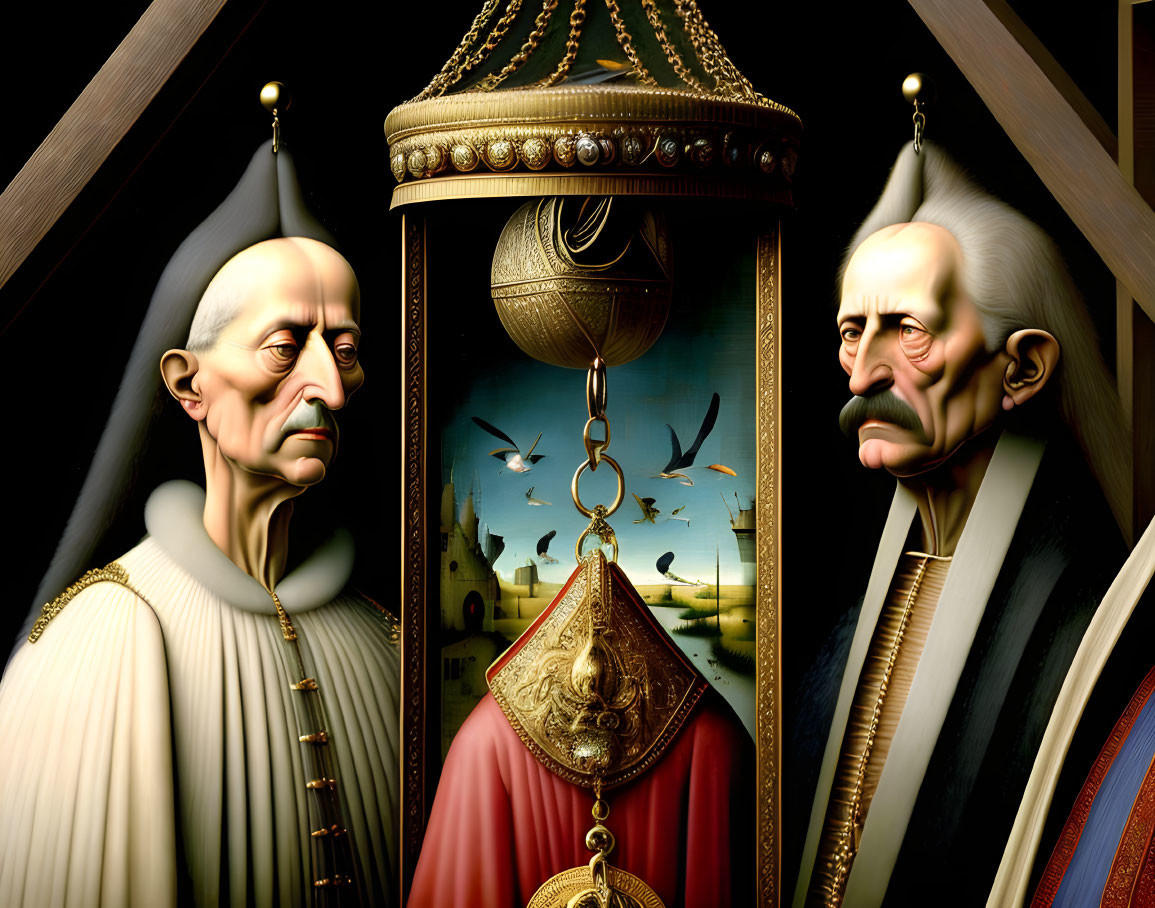 Elongated male figures with hourglass in surreal landscape artwork