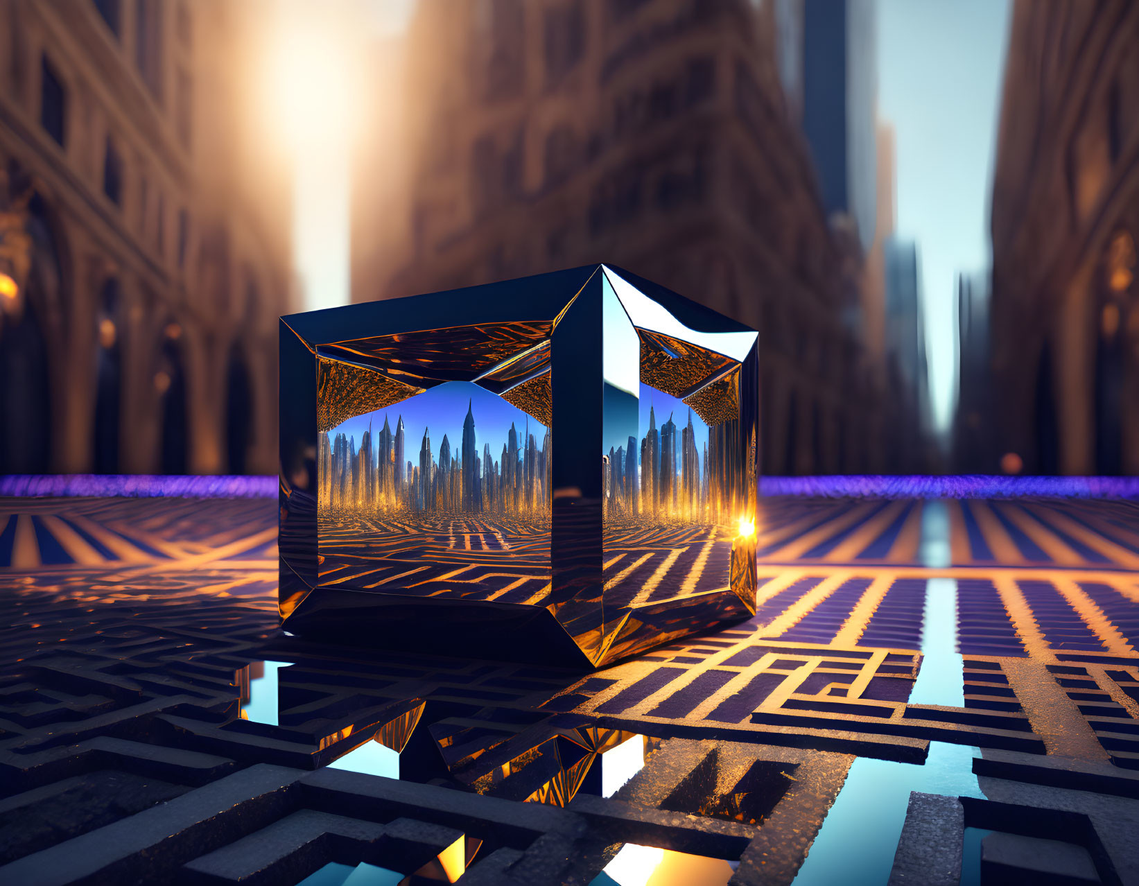 Reflective 3D cube on patterned surface with cityscape backdrop refracting - surreal urban sunrise