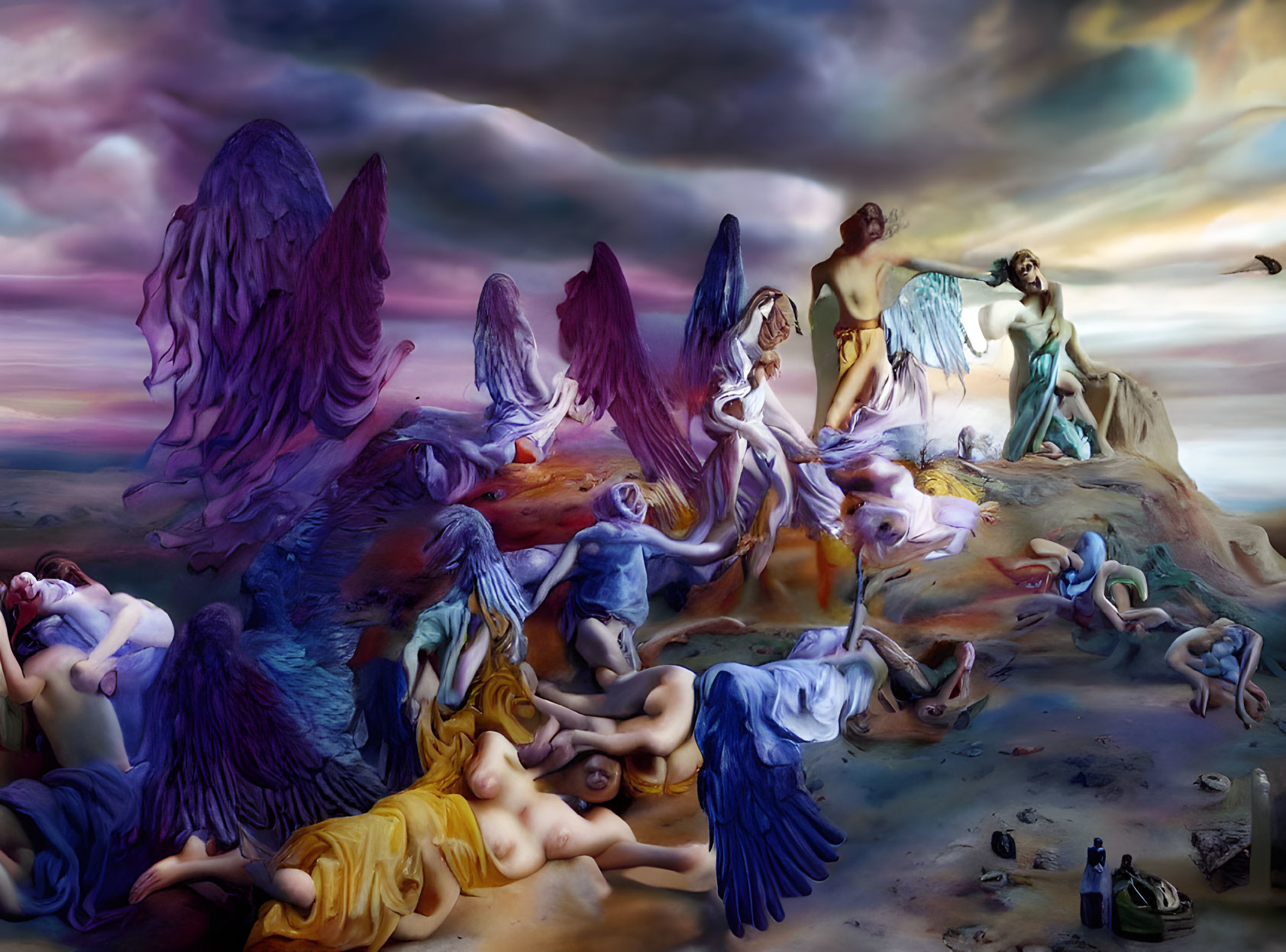 Surreal art: Angels with blue wings in vibrant sky with humans