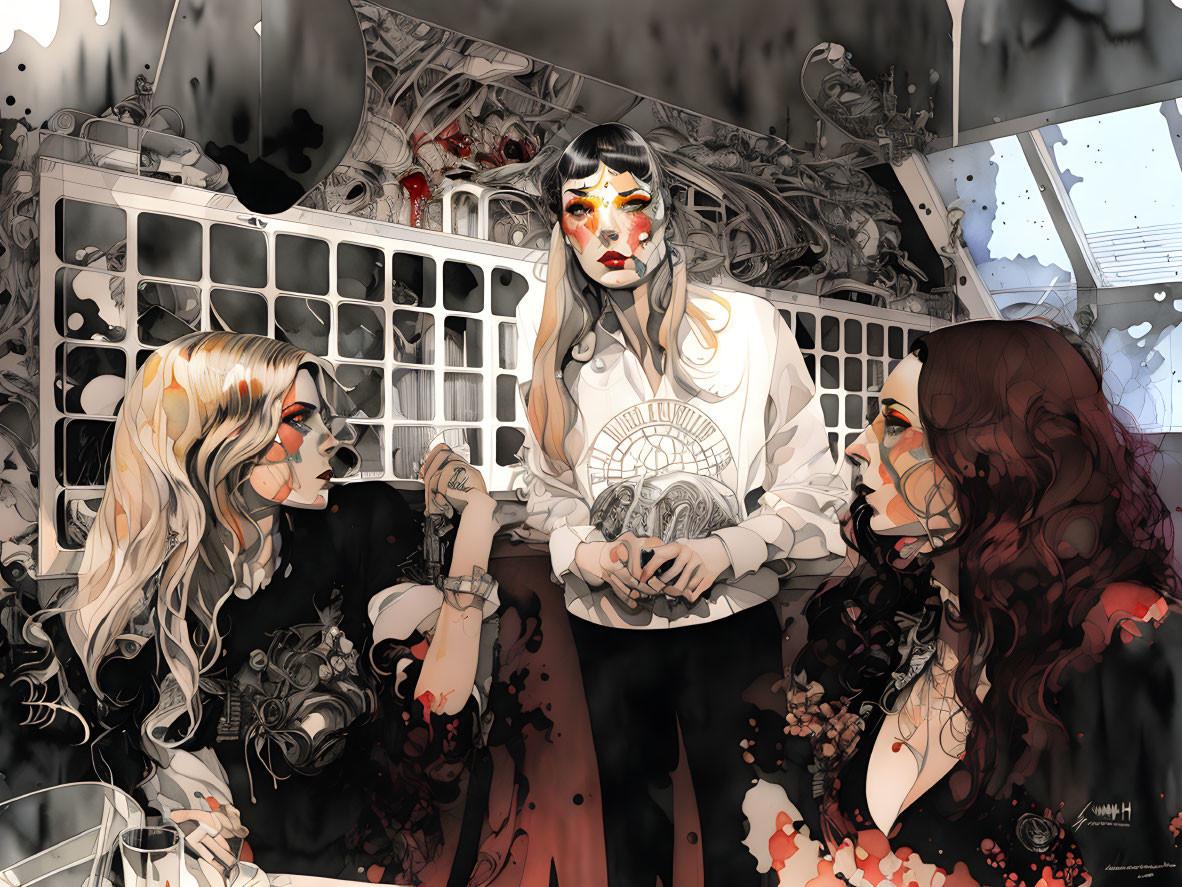 Stylized black and white illustration of three women with red makeup