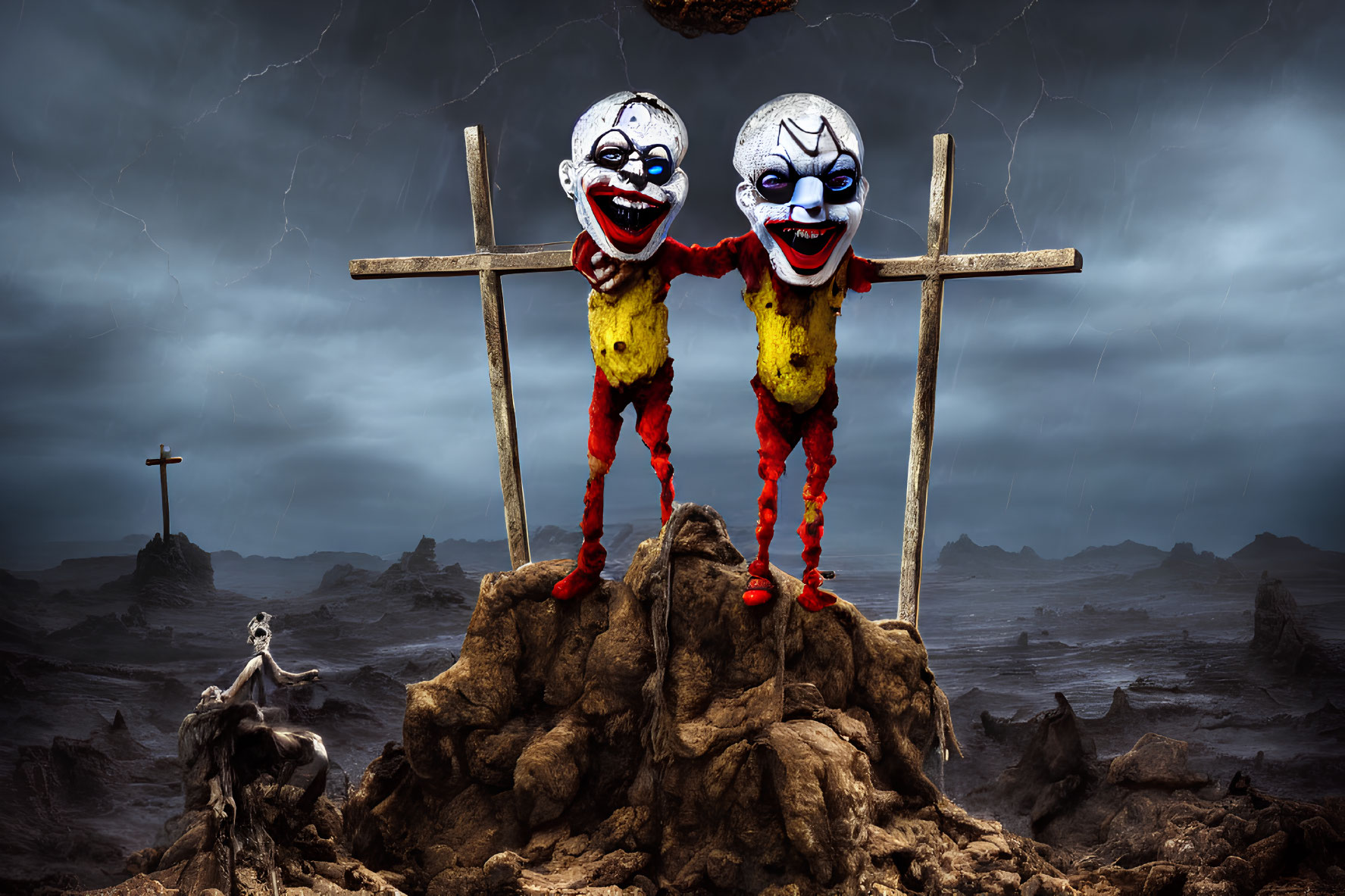 Clown masks on crosses in dramatic landscape with dog