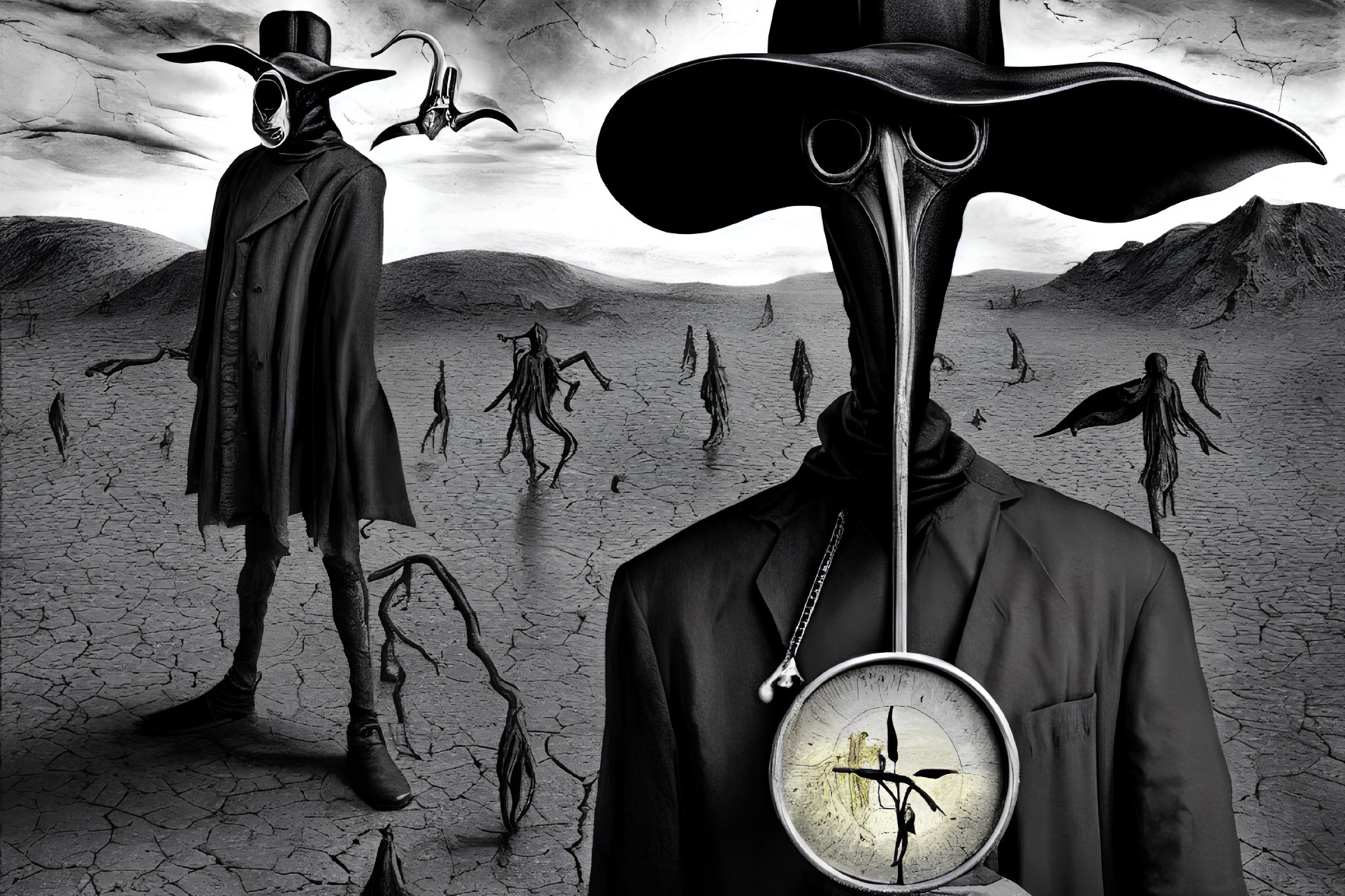 Surreal artwork: Figures in plague doctor masks on cracked landscape with clock overlay