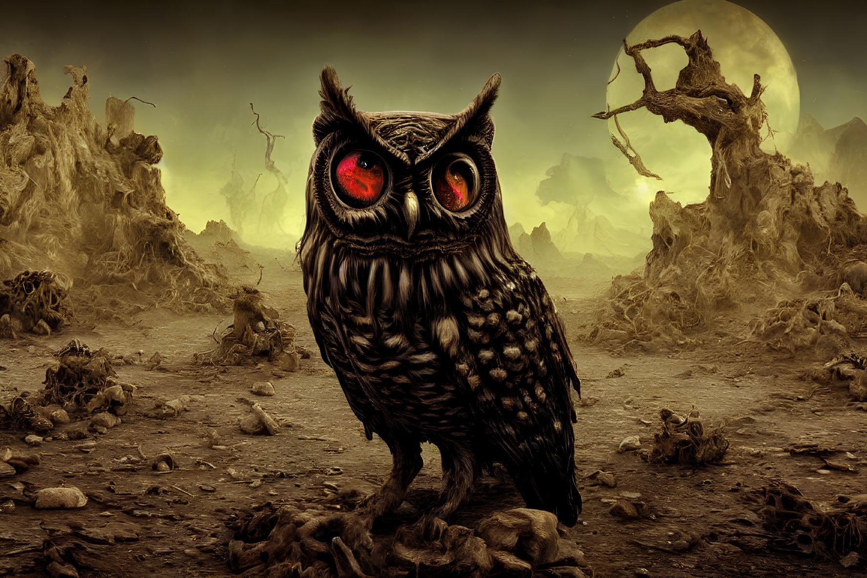 Imposing owl with glowing red eyes in desolate moonlit landscape