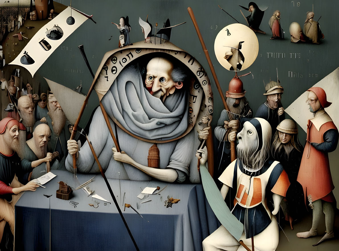 Surreal painting featuring anthropomorphic figures and enigmatic faces.