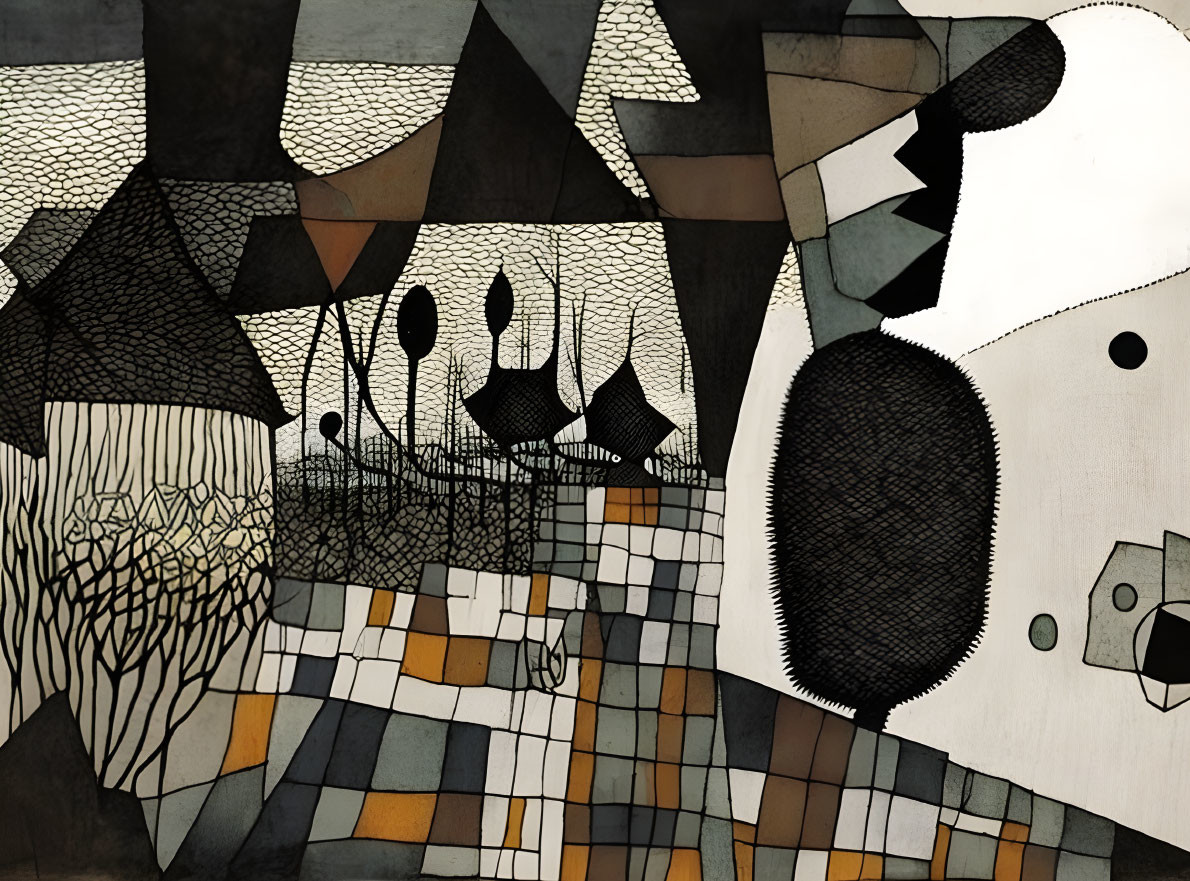 Abstract Cubist and Surreal Influenced Monochrome Illustration