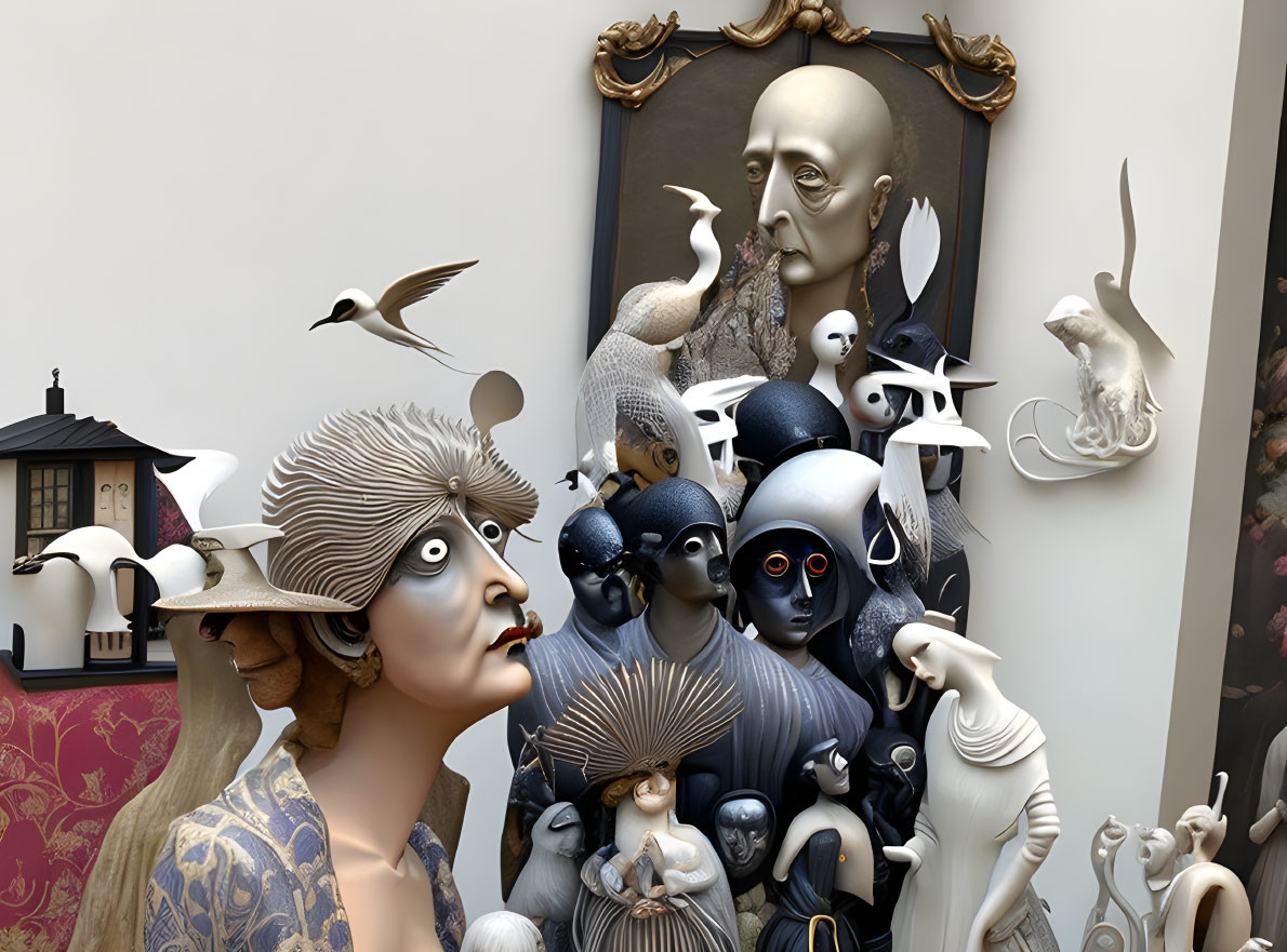 Monochromatic surrealistic artwork with birds and bald figure portrait