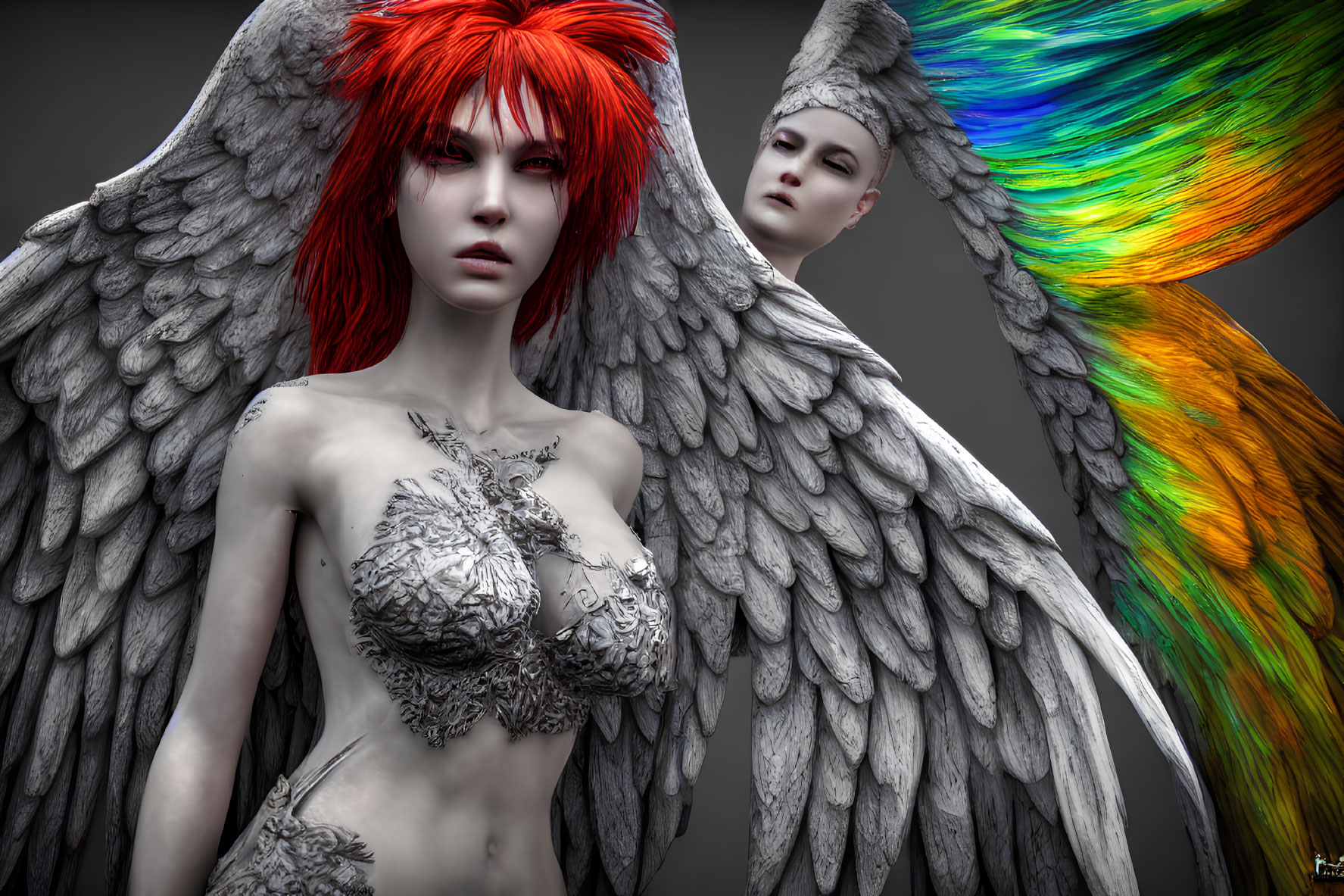 Fantasy figures with wings: one with red hair and colorful wings, the other with pale skin and