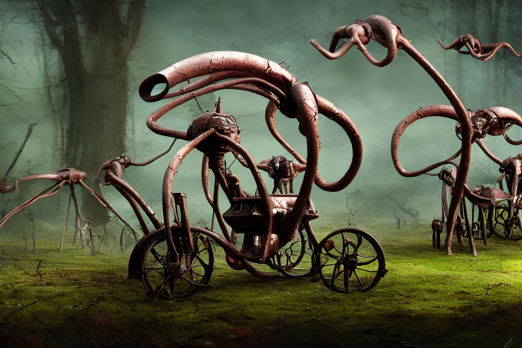 Mechanical insect-like bicycle with tentacles in misty forest.