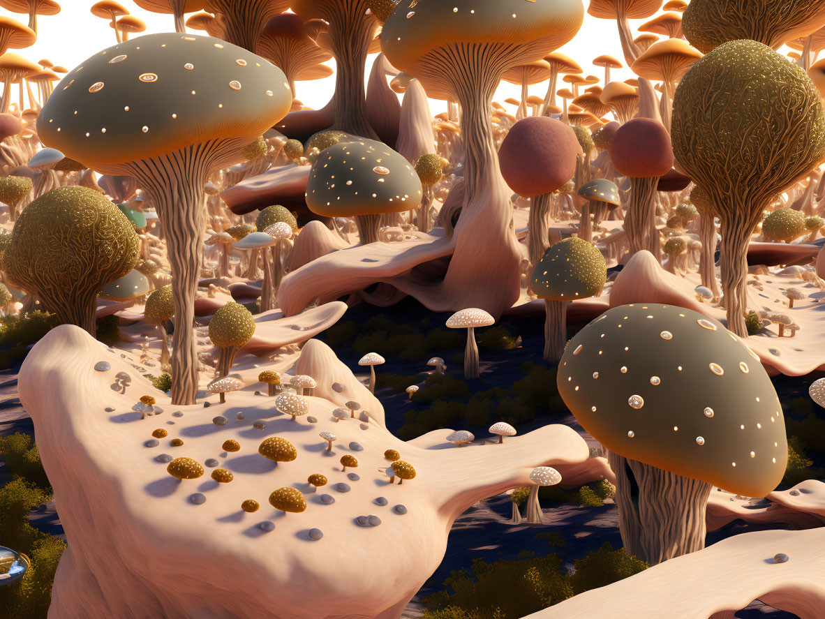 Enchanting forest with oversized diverse mushrooms in warm light