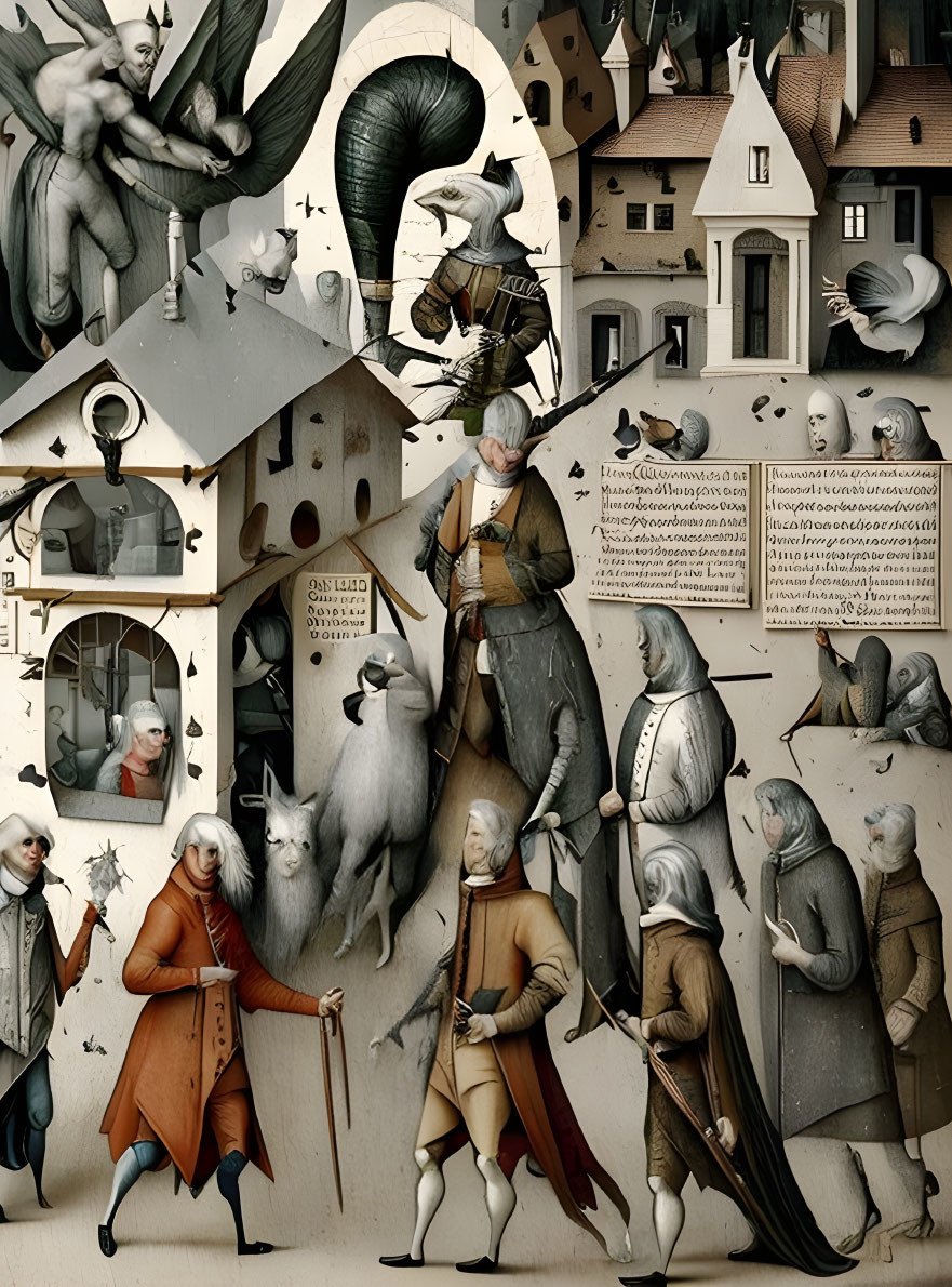 Surreal artwork blending human, animal, and architecture in muted colors