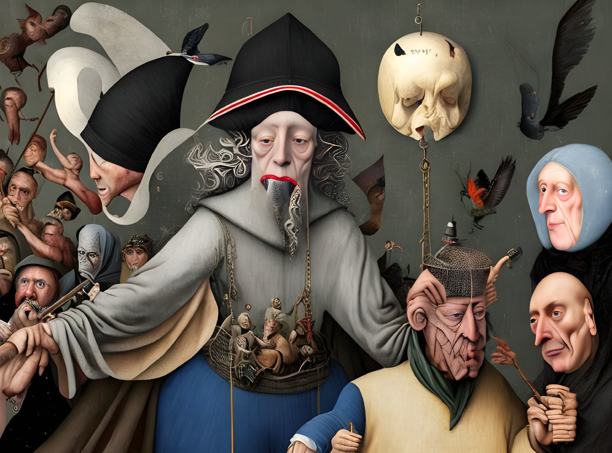 Surreal Painting: Central Figure in Tricorn Hat with Eclectic Characters