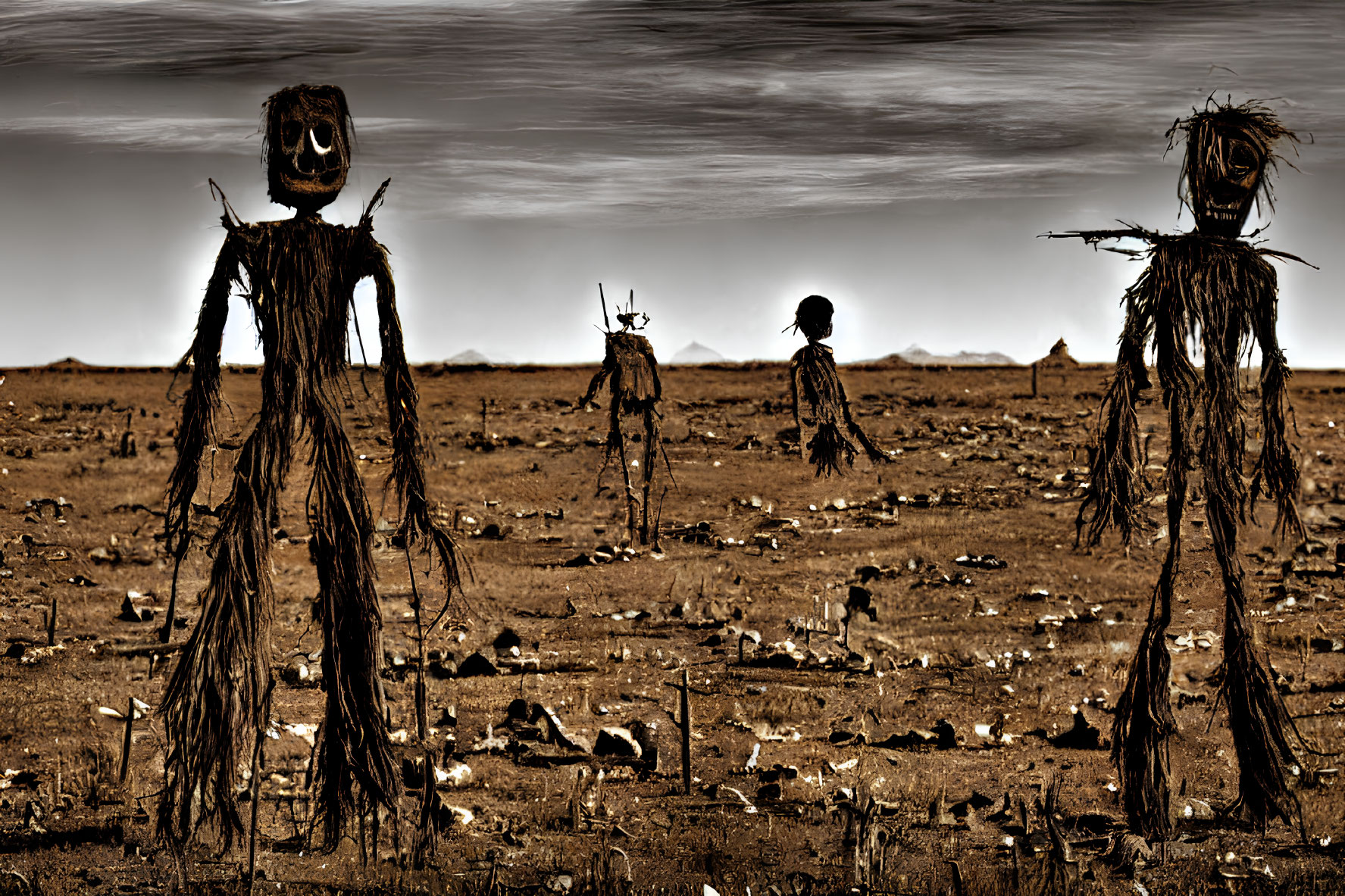 Three large scarecrow figures in desolate landscape under dramatic sky