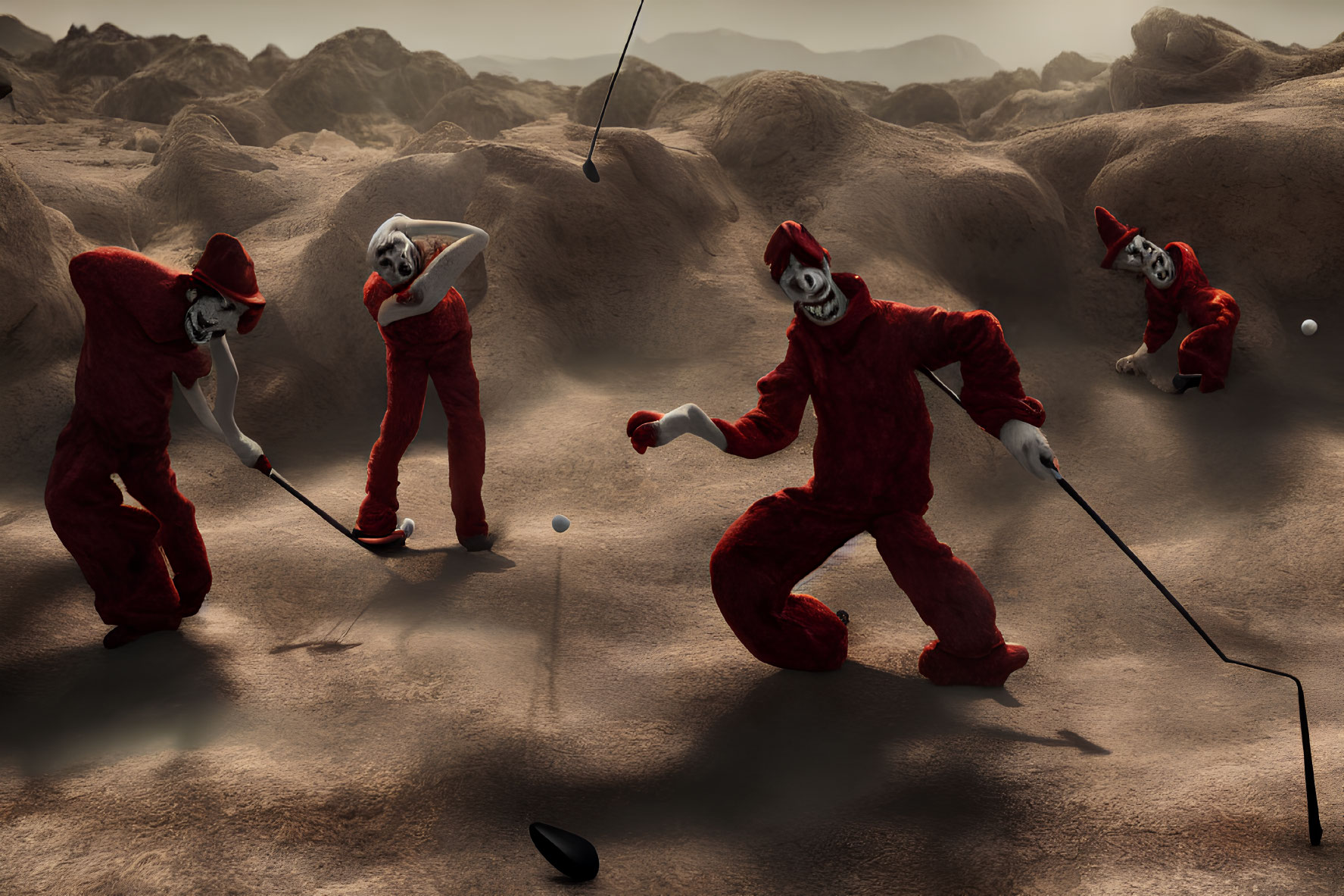 Red jester figures golfing in rocky landscape with playful expressions