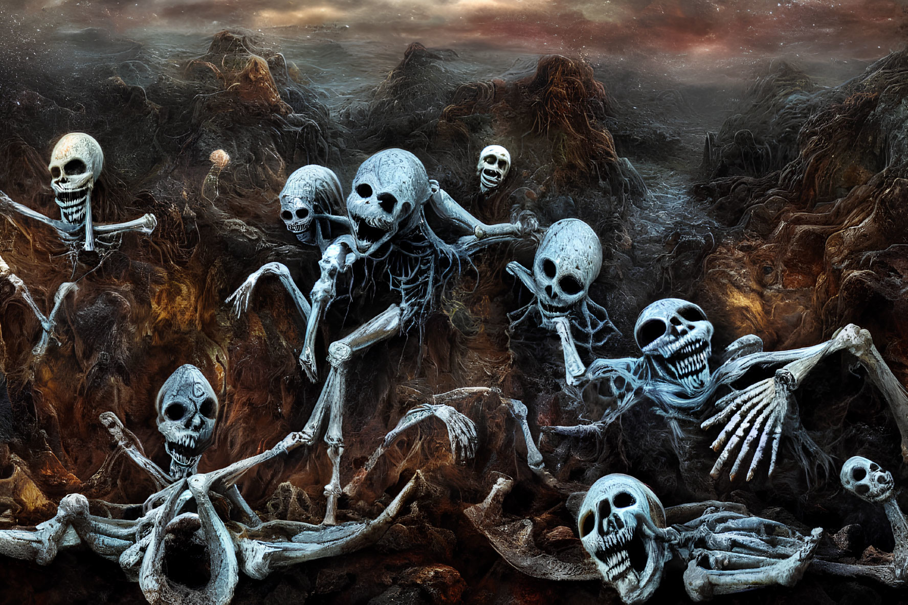 Skeletal figures in desolate rocky terrain under brooding sky