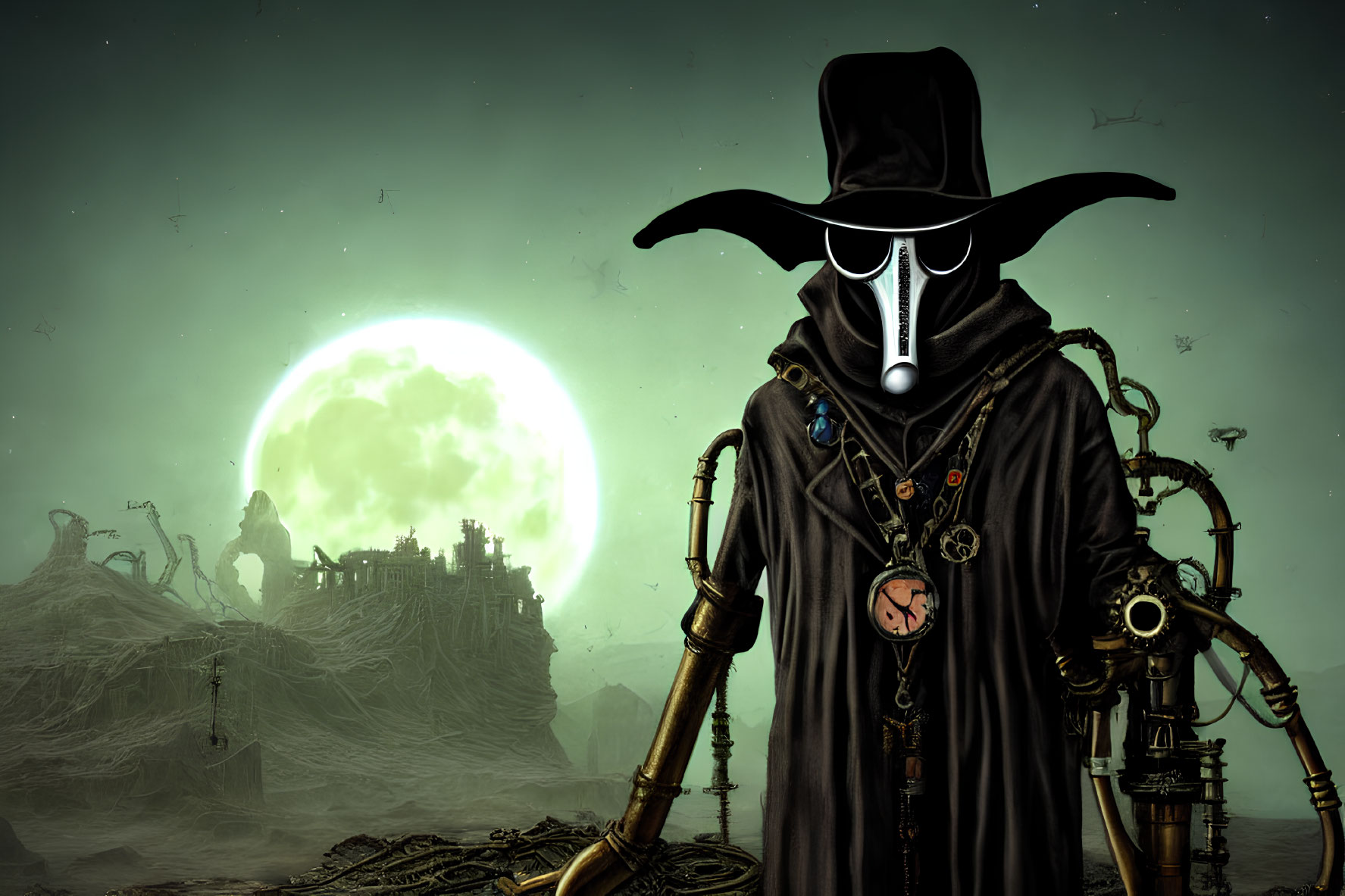 Cloaked figure with wide-brimmed hat and glowing eyes under green moon.