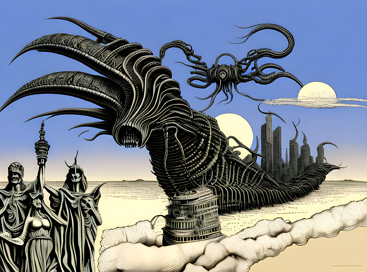 Surrealist horned skull structure with tentacles in cityscape under blue sky