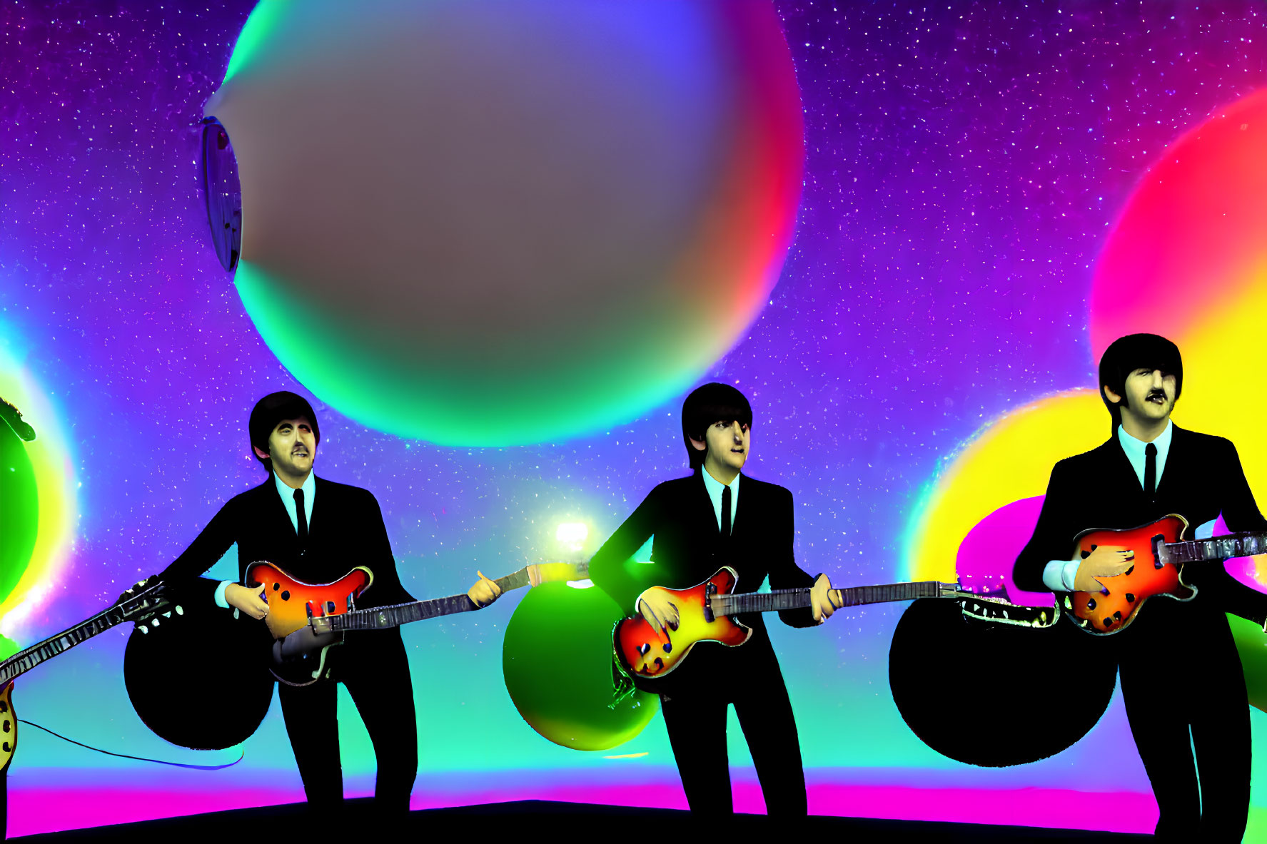 Three animated musicians playing guitars against a cosmic backdrop.