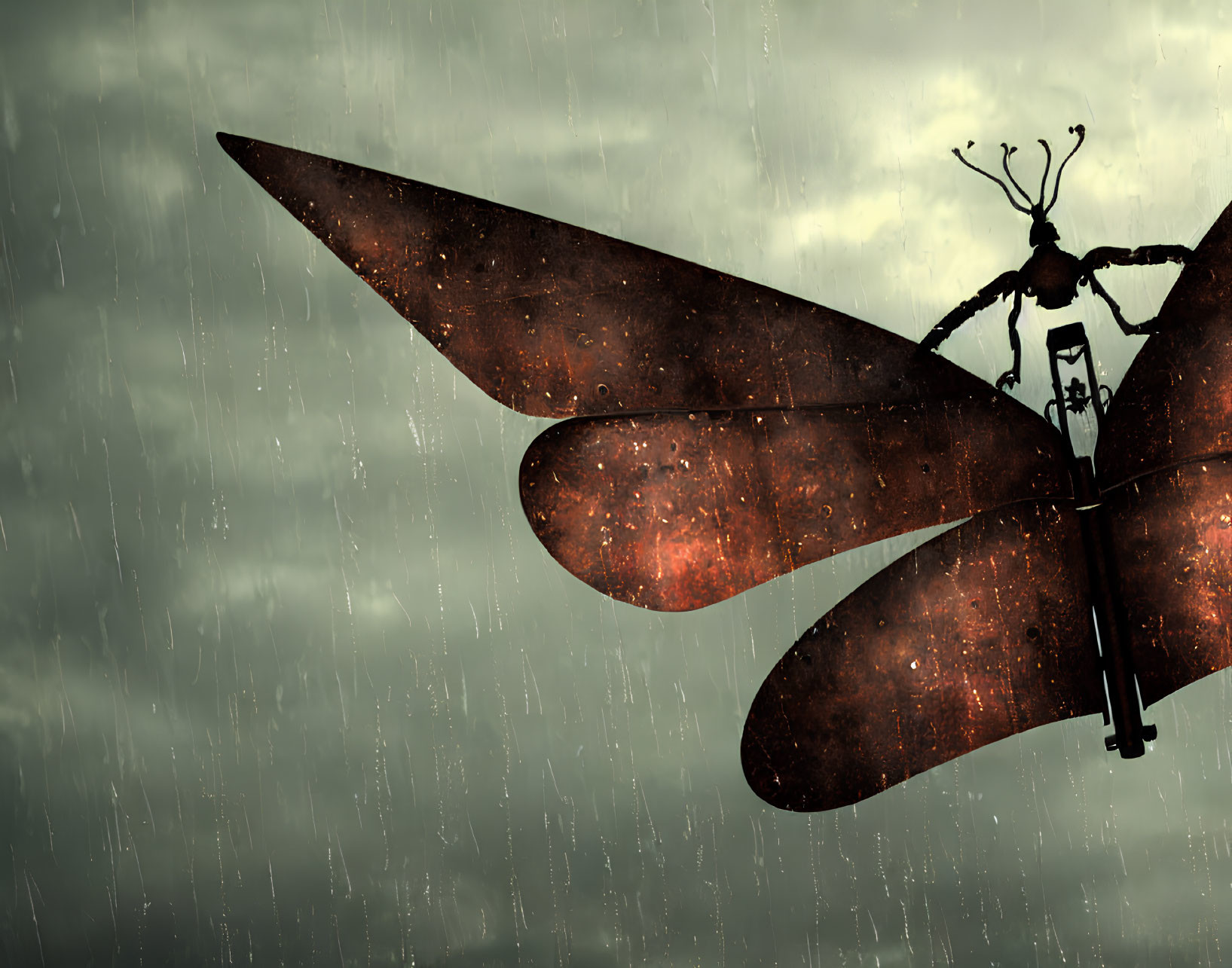 Mechanical dragonfly with rustic wings in rainy sky