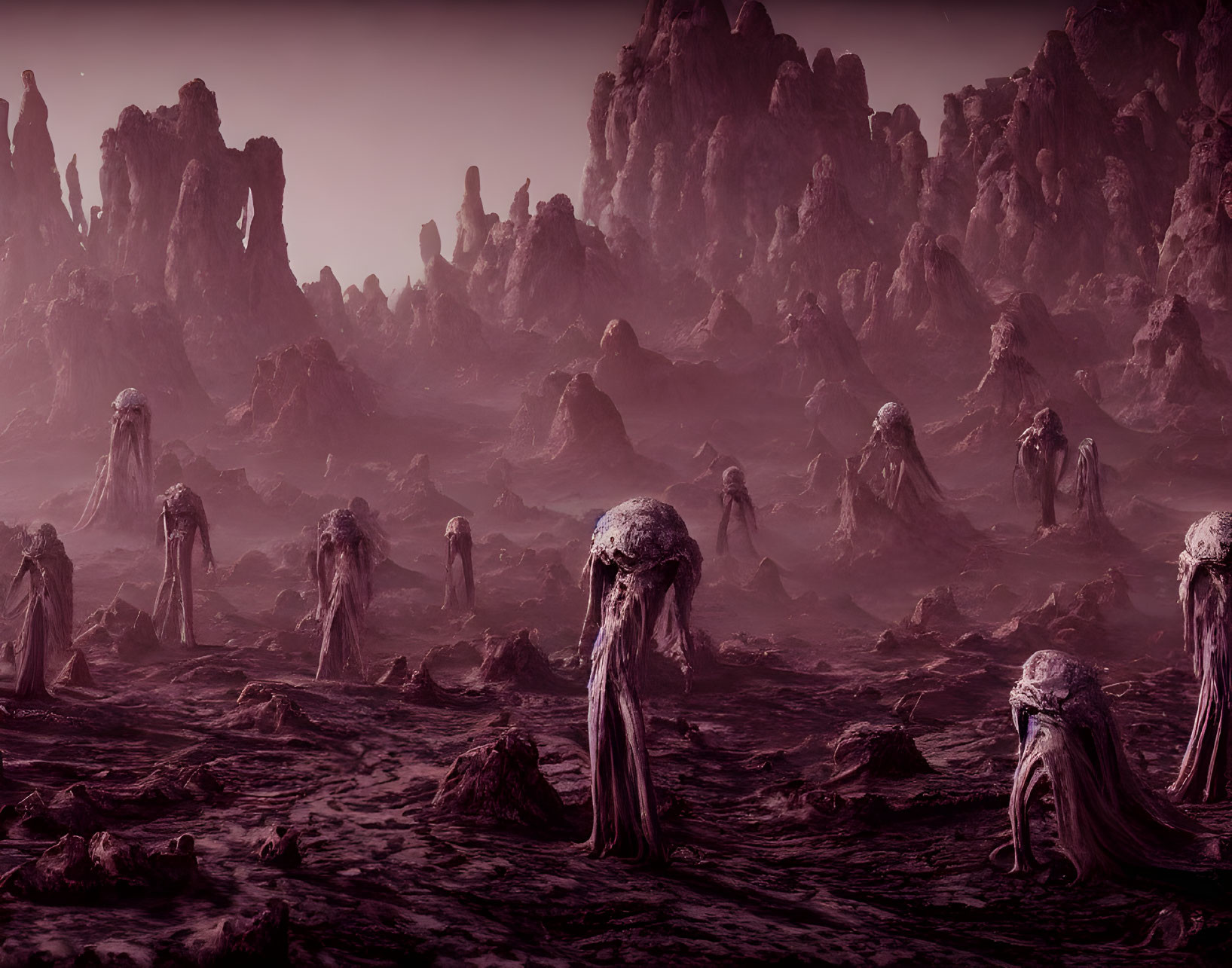 Alien landscape with towering rock formations and eerie creatures