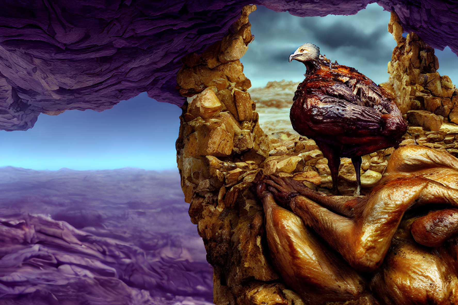 Vulture on Roasted Chicken Legs in Surreal Landscape