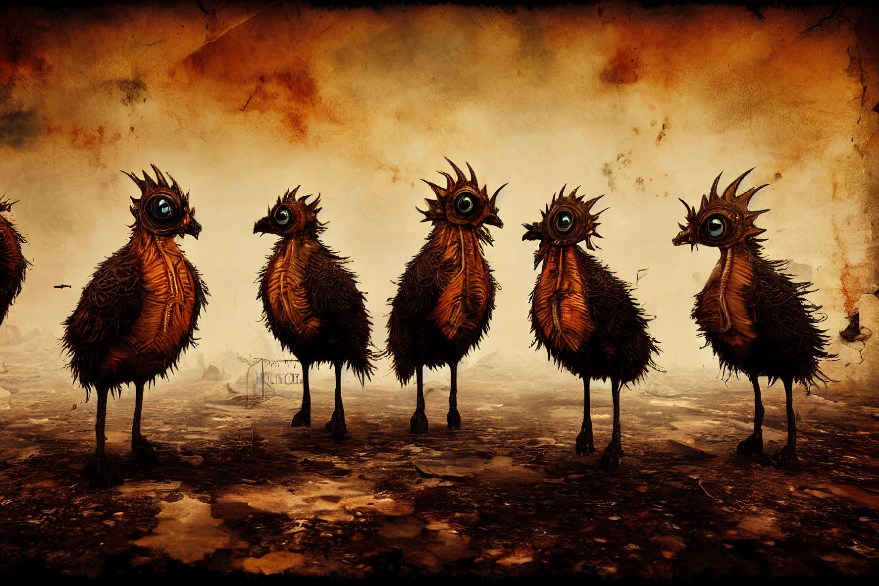 Five fantastical creatures with large eyes in orange-toned landscape