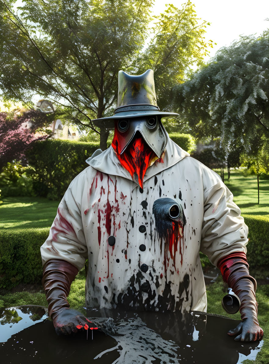 Blood-splattered figure in plague doctor mask with feather quill, garden scene