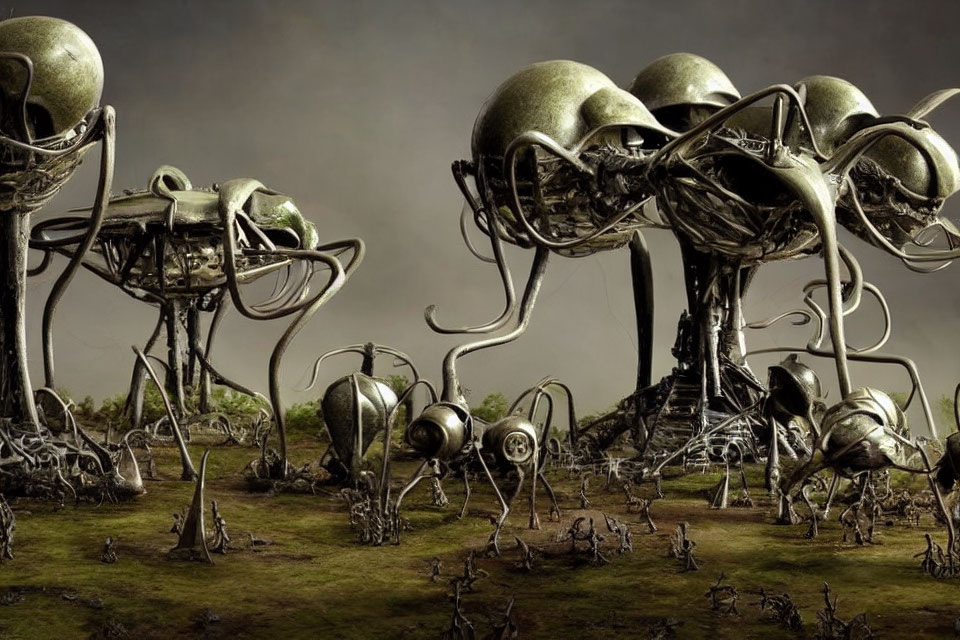 Surreal landscape with metallic biomechanical structures on desolate field