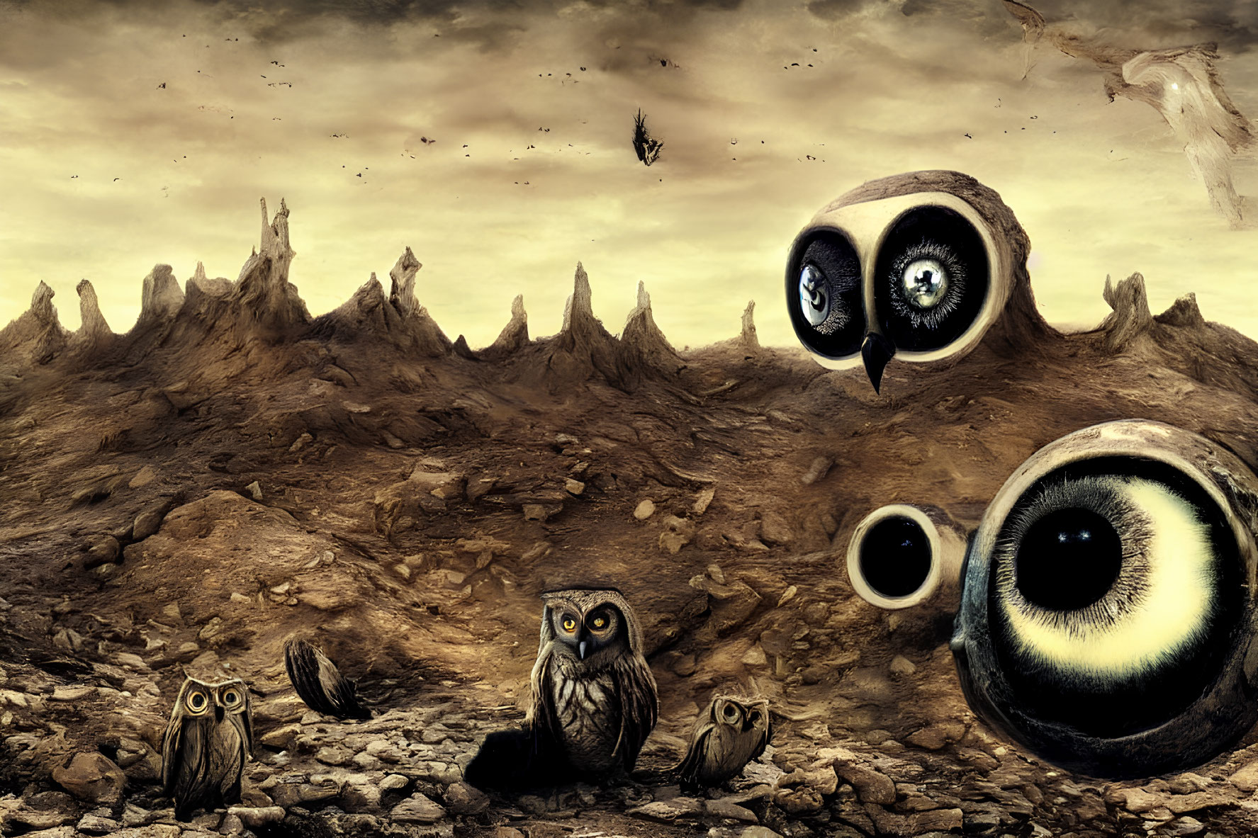 Surreal landscape with oversized eyes, owls, and rocky terrain under cloudy sky